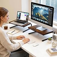 Vista 3 de ARCOBIS Elevador de monitor para escritorio, soporte de monitor de computadora de madera y metal, portátil, PC, soporte para impresora, marrón