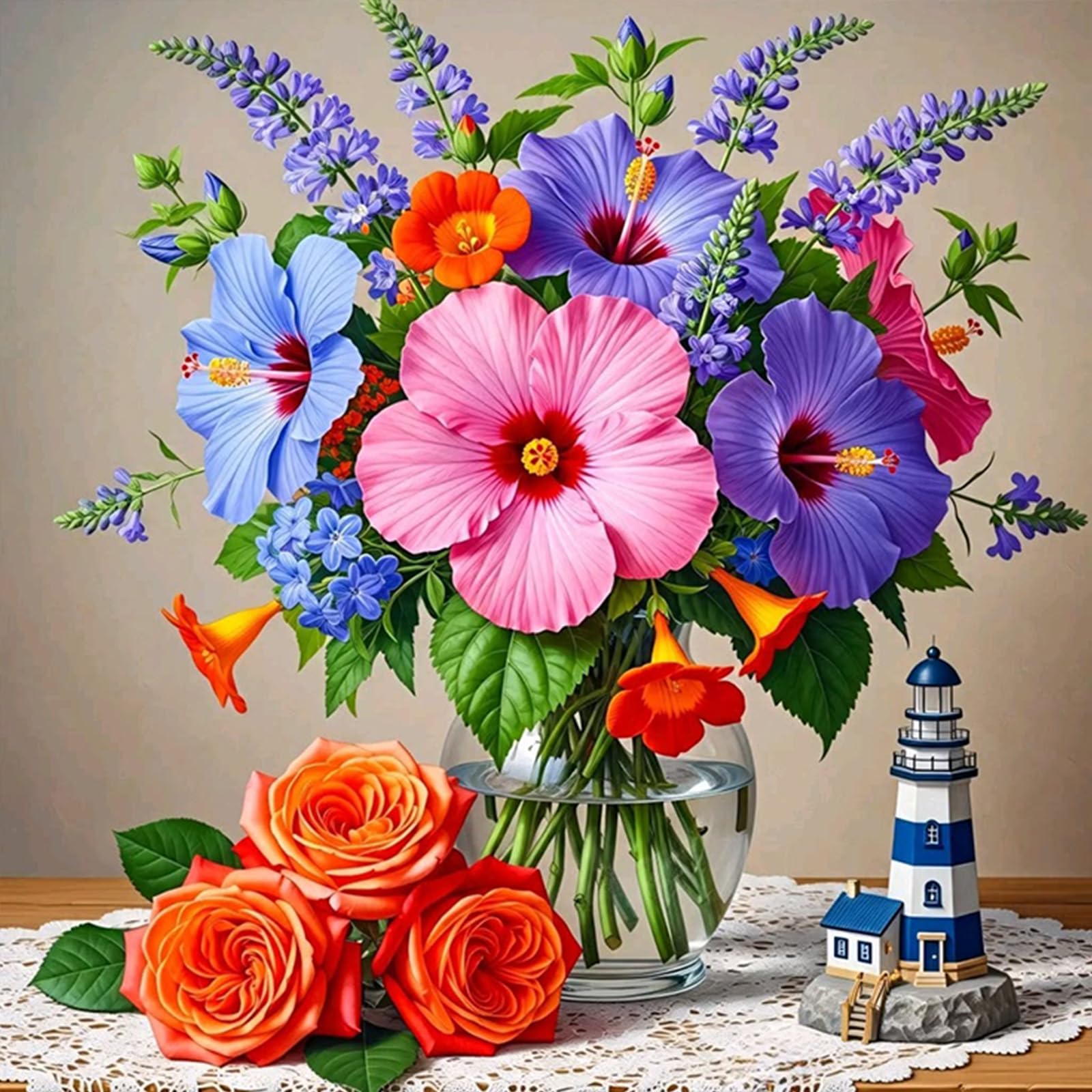 Poetrydraw Hibiscus Bouquet 5D Diy Full Square Drill Diamond Art Painting Kits For Adults Beginners Home Decor Diamond Art Gem Art Kits Diamonds Paintings Gem Art 17.72X17.72inch (Hibiscus Bouquet)