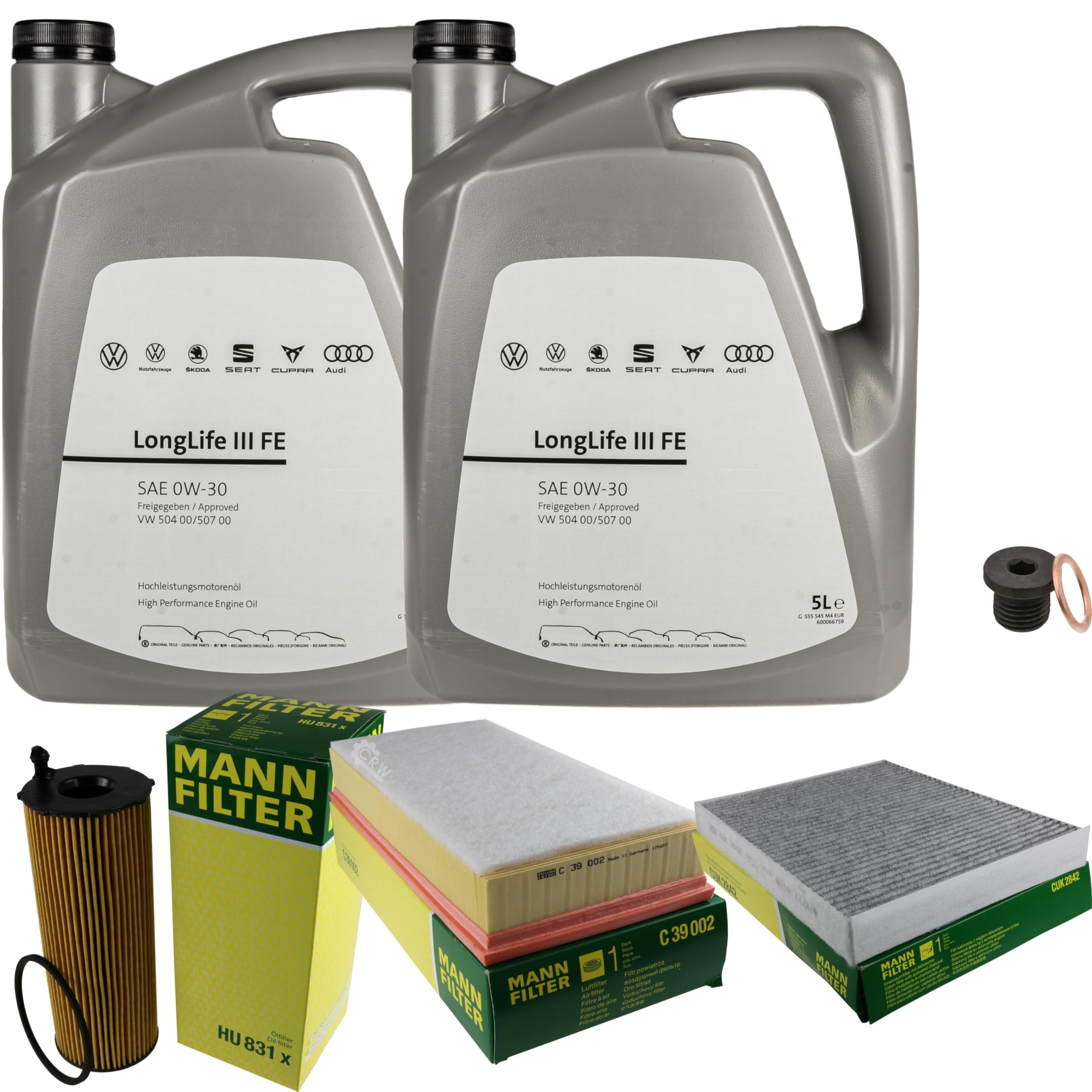 Pacchetto di ispezione pacchetto di manutenzione filtro con 10 l 0W-30 olio motore LongLife 3 FE, filtro dell'olio, filtro dell'aria abitacolo (carbone attivo) vite di scarico dell'olio