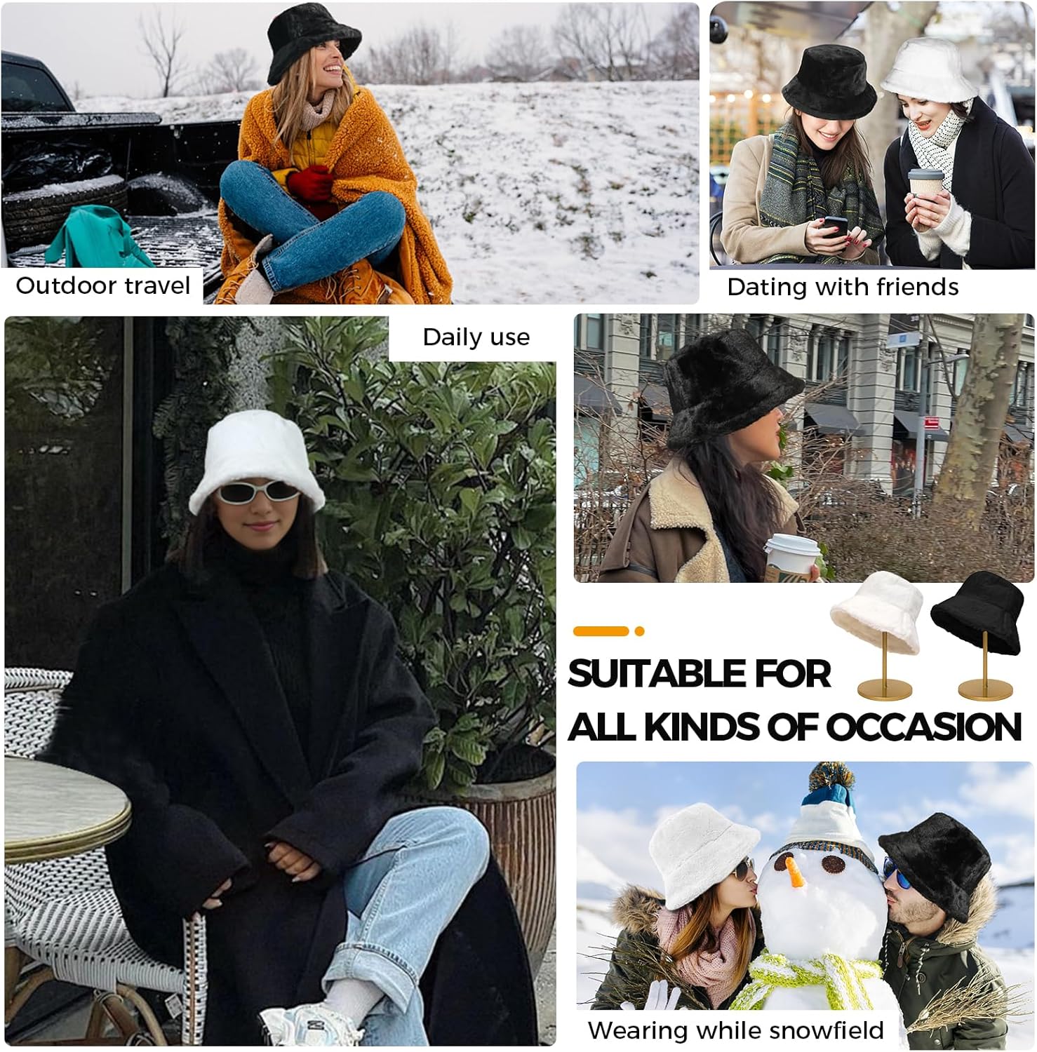 BFONS Faux Fur Winter Bucket Hats for Woman Men Fuzzy Warm Hat Women's Furry Fisherman Cap for Casual, Trips, Sports, Skiing, L, White - Image 6