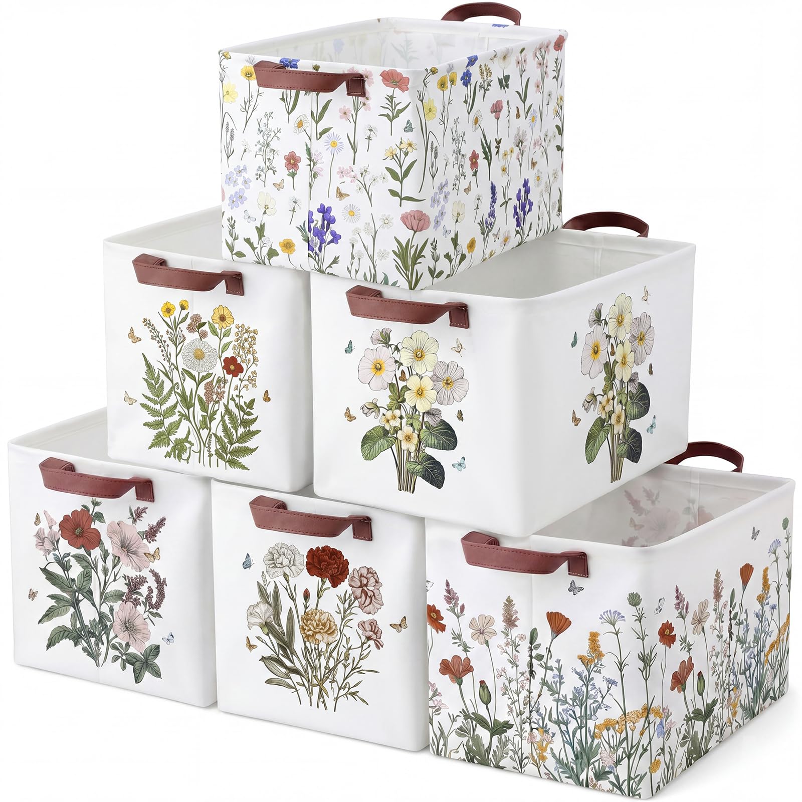 Fourluoo 6 Pack Floral Storage Basket with Handles Clothes Storage Basket Bin Foldable Box Bins Organizer for Closet Shelf Nursery Kid Room Book Toy Chest(6,Wildflower)