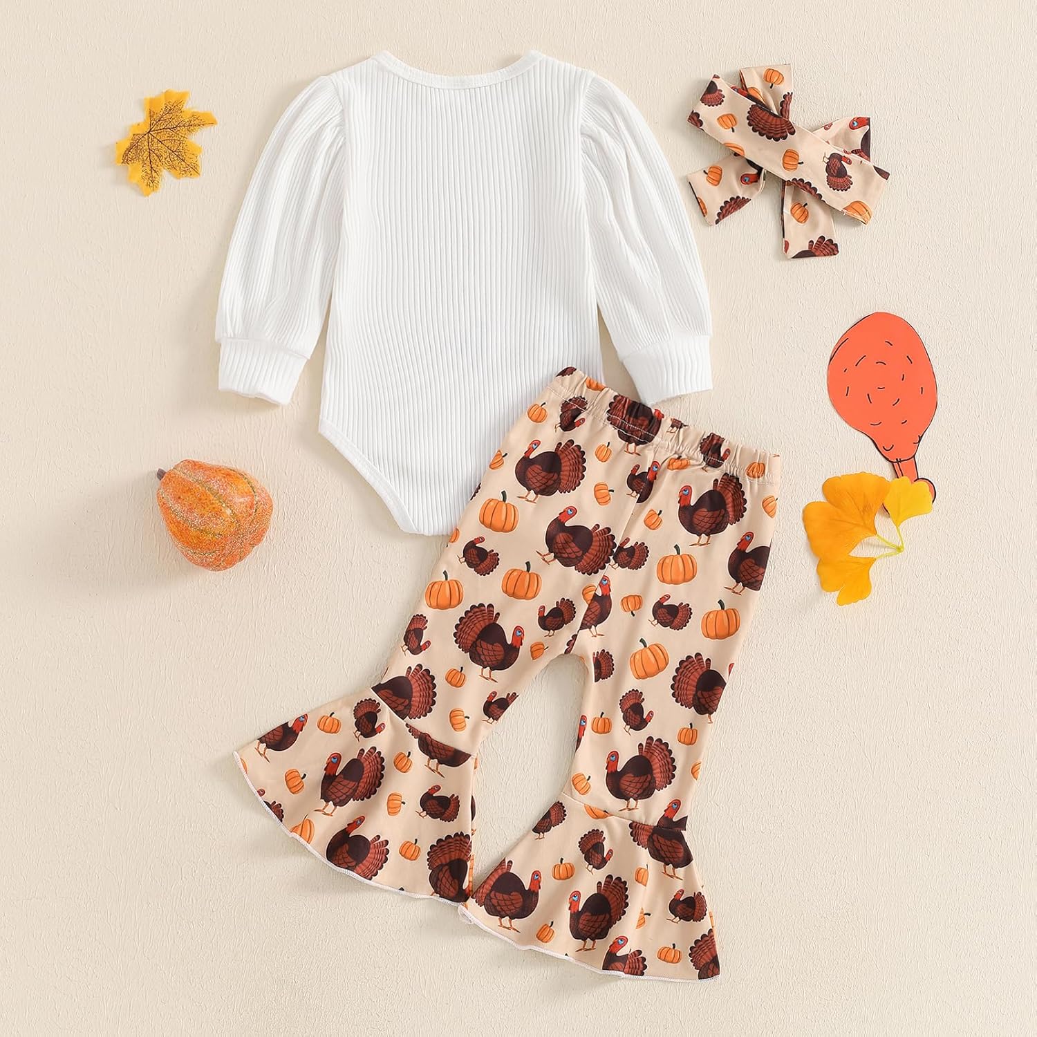 My First Thanksgiving Baby Girl Outfit Newborn Puff Long Sleeve Ribbed Knit Romper Turkey Flare Pants Headband Set - Image 3