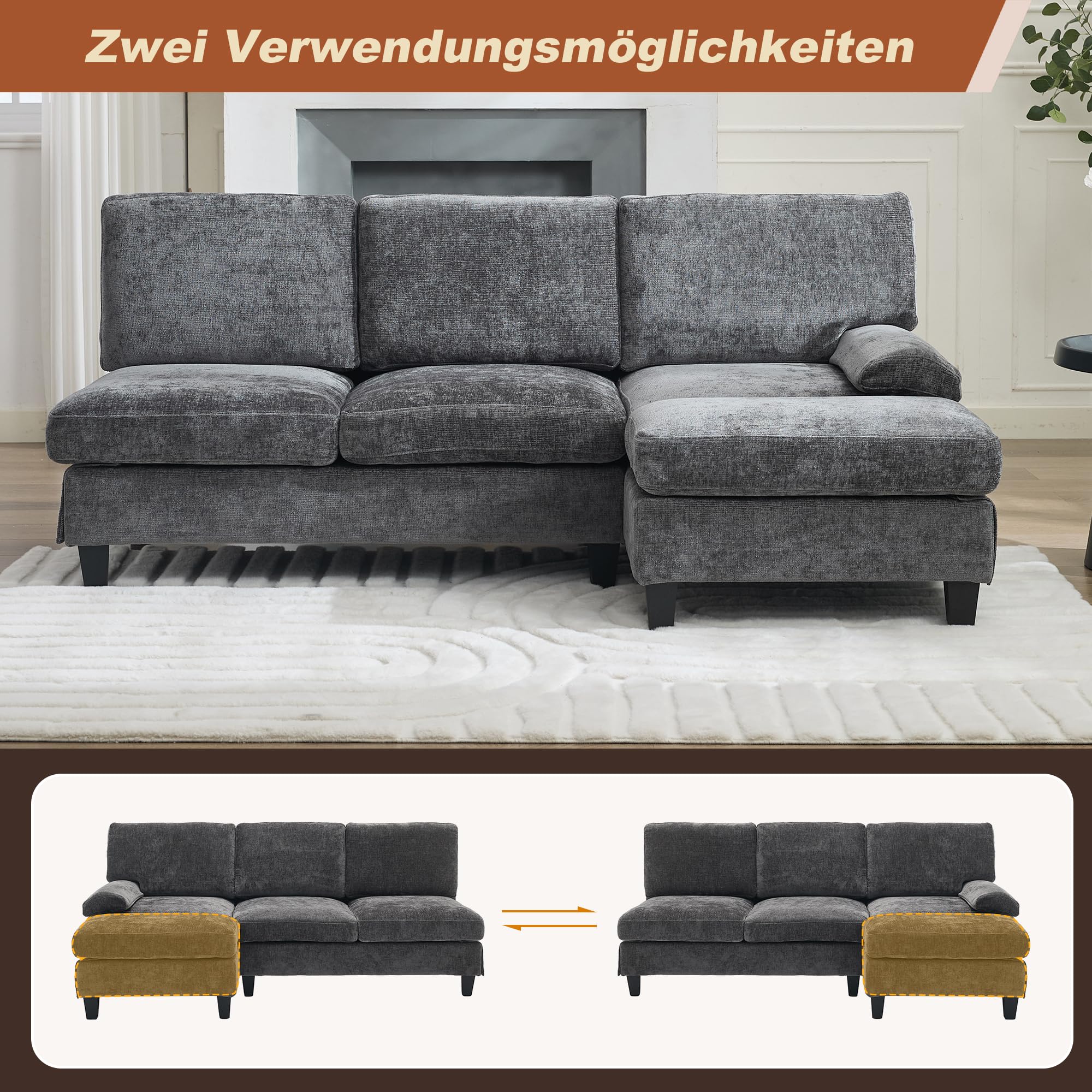 Sofa narożna szara z funkcją spania, 3-osobowa sofa z materiału 194 x 118