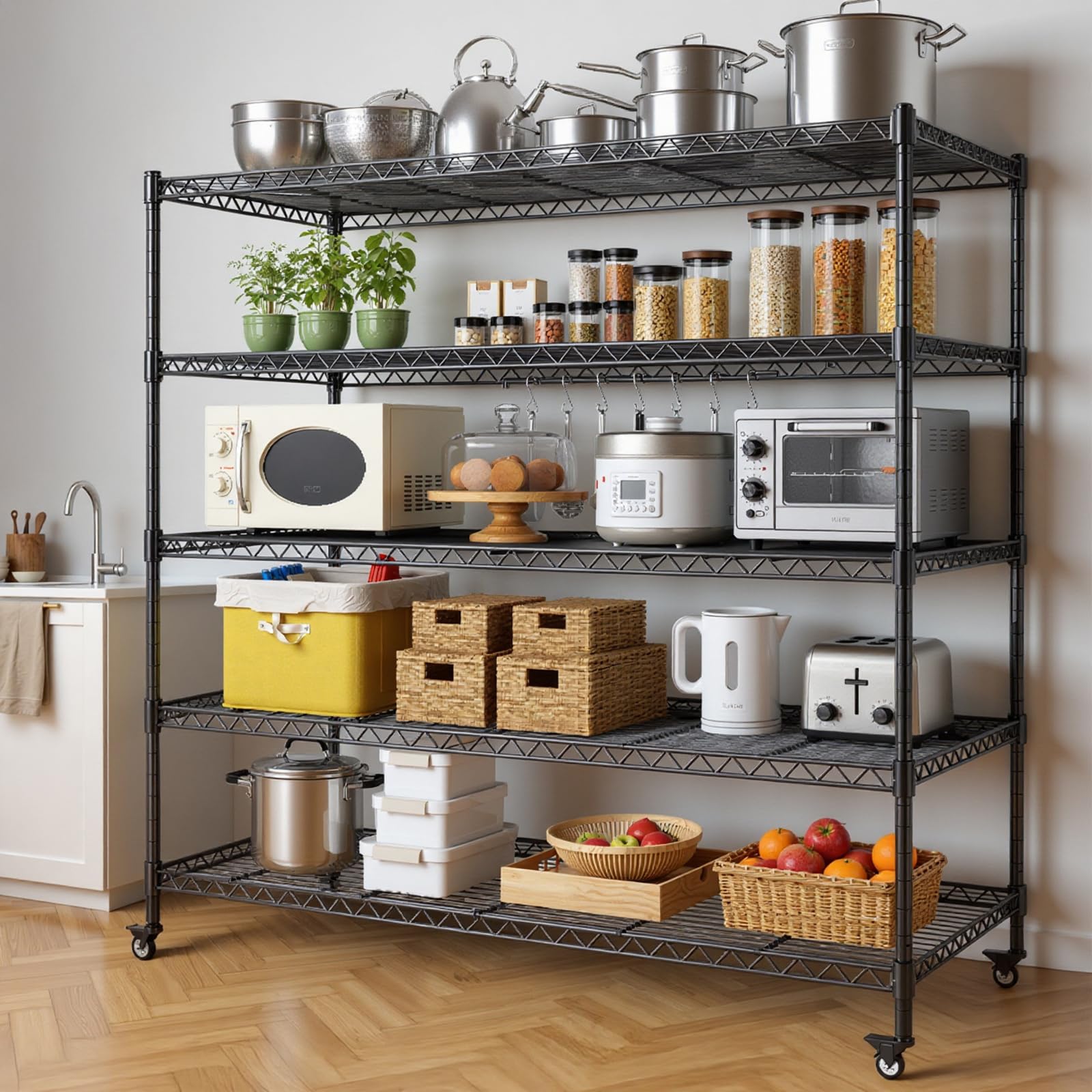 5-Stöckiges Schwerlastregal Drahtgitter Regal,1400 KG Tragende Metallregal, Mobiles Lagerregal mit Rädern,Höhenverstellbaren Einlegeböden,Kellerregal Werkstattregal für Küche,Garage,116×41×182cm
