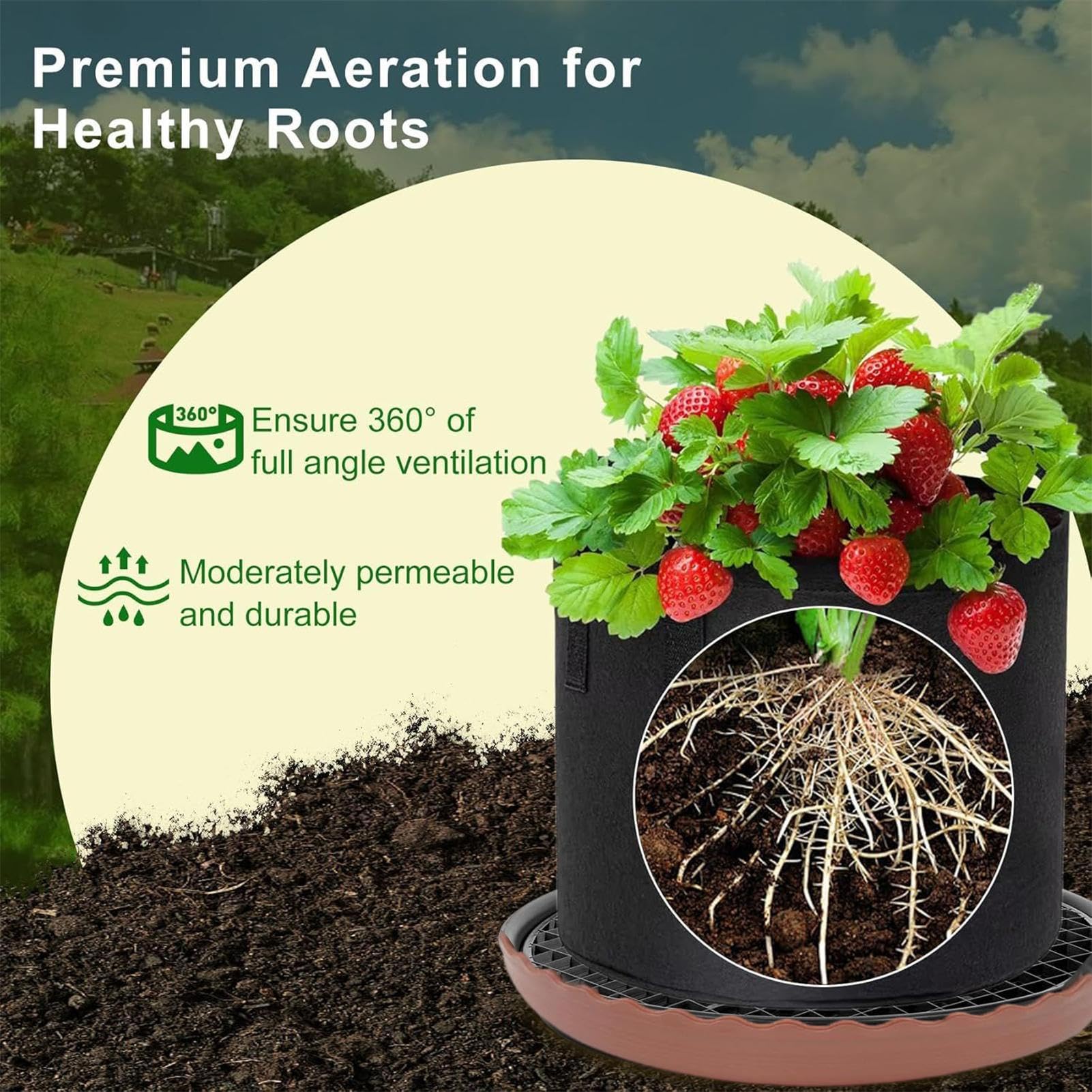 Bolsas De Cultivo Cubo De Plantación De 19 litros con Asas | Base Auto-Riego Con Platillo Para Maceta De 32cm Y Cuerda Absorbente Para Jardín, Patío, Champiñones, Flores, Patatas Y