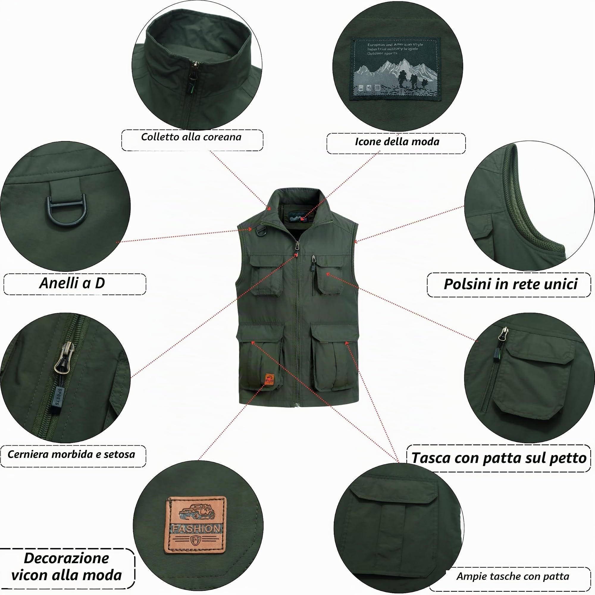 Gilet da Pesca da Uomo All'aperto Gilet Multi-Tasche Gilet Leggero Traspirante Giubbotto Asciugatura Rapida Gilet Sportivo Senza Maniche Gilet Campeggio Escursionismo Gilet