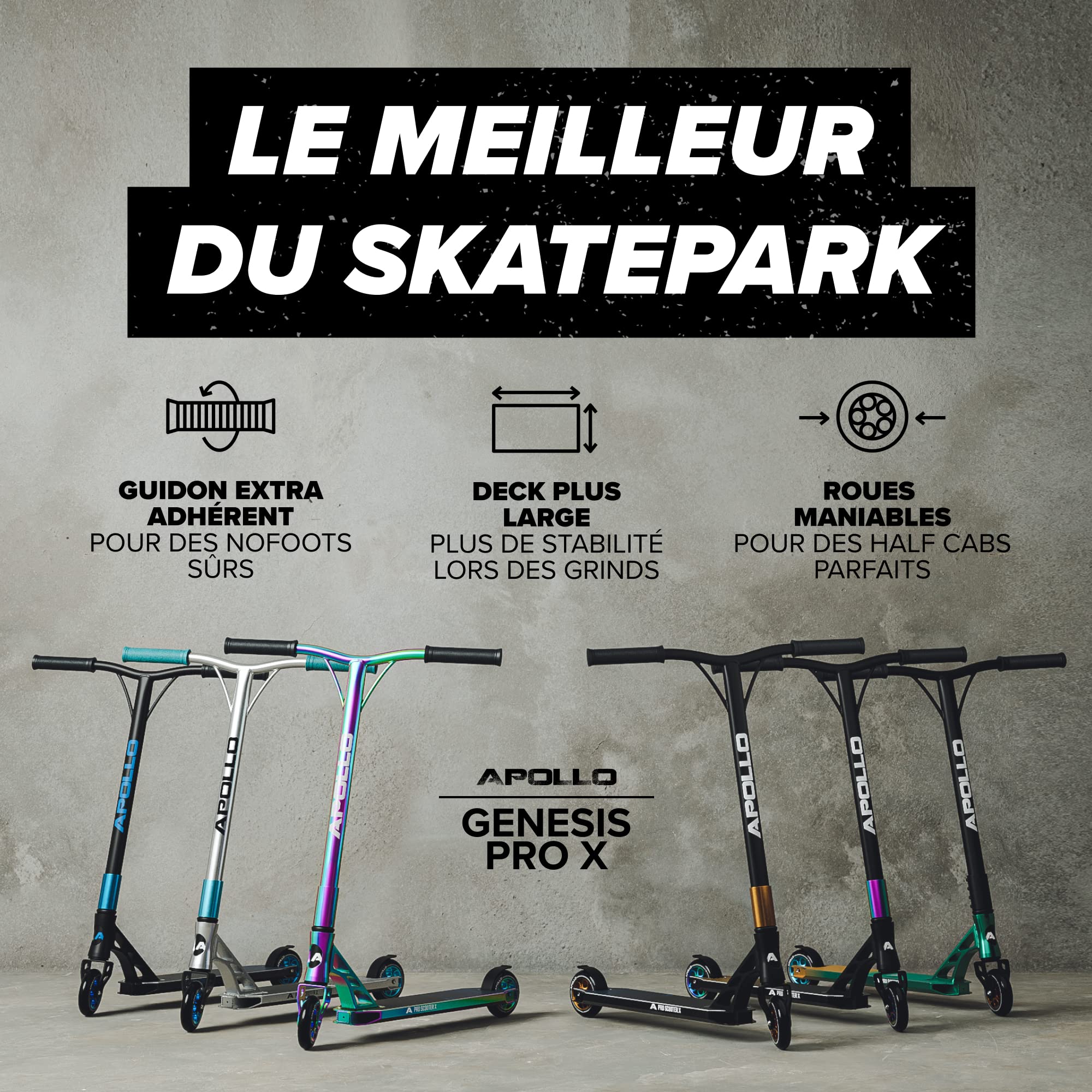 Apollo Trotinette Adulte Genesis Pro - Trottinette de Cascade Pro Robuste avec Roulements à Billes ABEC 9, Trottinette de Saut, Trottinette de Démonstration, Trotinette Freestyle