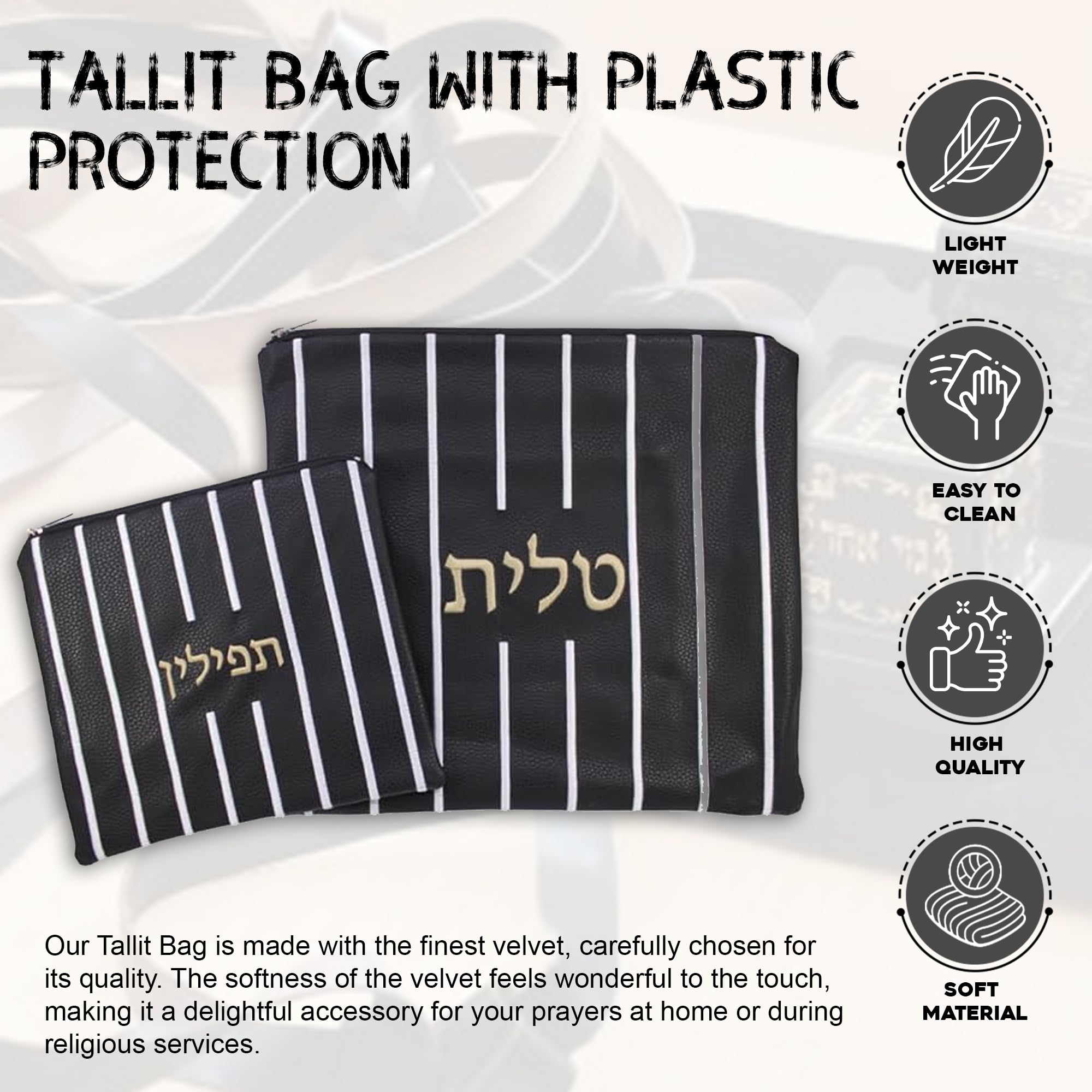 Majestic Giftware Tallit e Tefillin - Set di borse tradizionali con cerniera, per scialle da preghiera e tefillin, con custodia protettiva in plastica, ideale come regalo per ebrei, nero, oro, bianco,