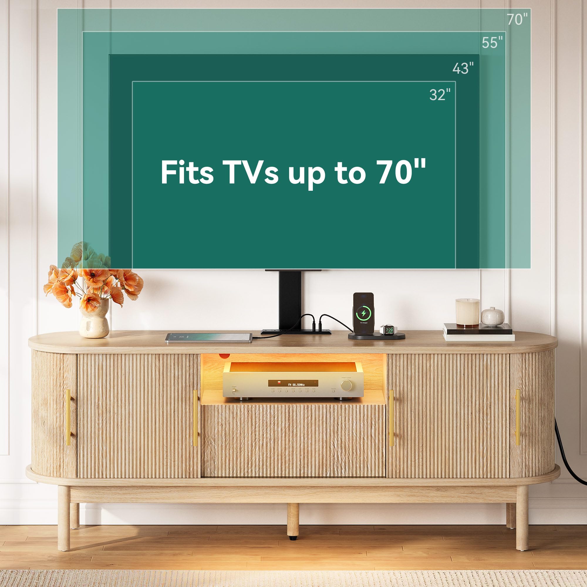 YITAHOME Fluted TV Stands for Living Room with Mount, Modern Entertainment Center for 32-70 inch TVs, LED Curved TV Stand with PowerOutlets & LED Light, Curved Profile Design, Natural Oak