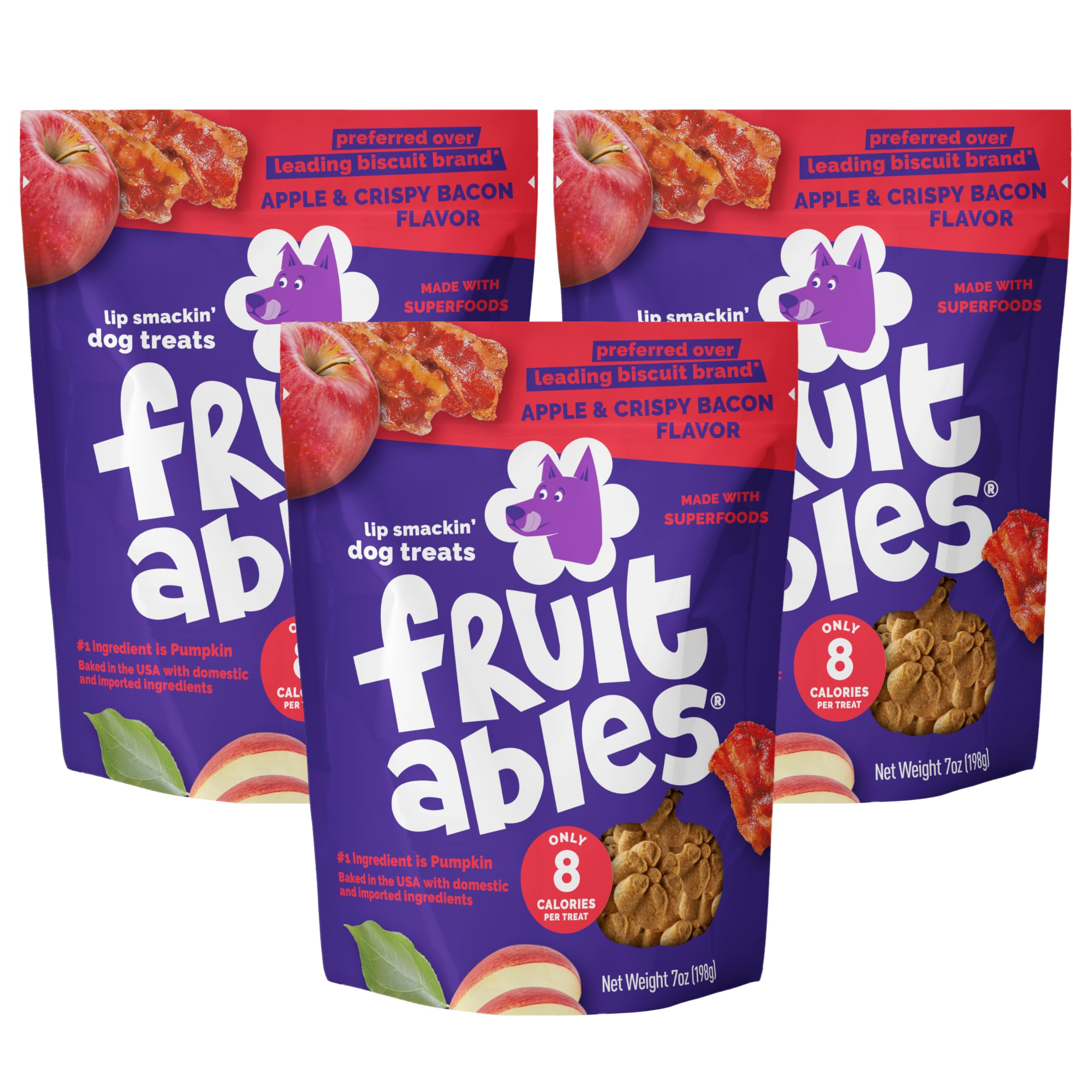 Fruitables Baked Dog Treats - Bacon & Apple Crunch - Healthy, Low-Calorie Snacks for Dogs - 7 oz (Pack of 3)