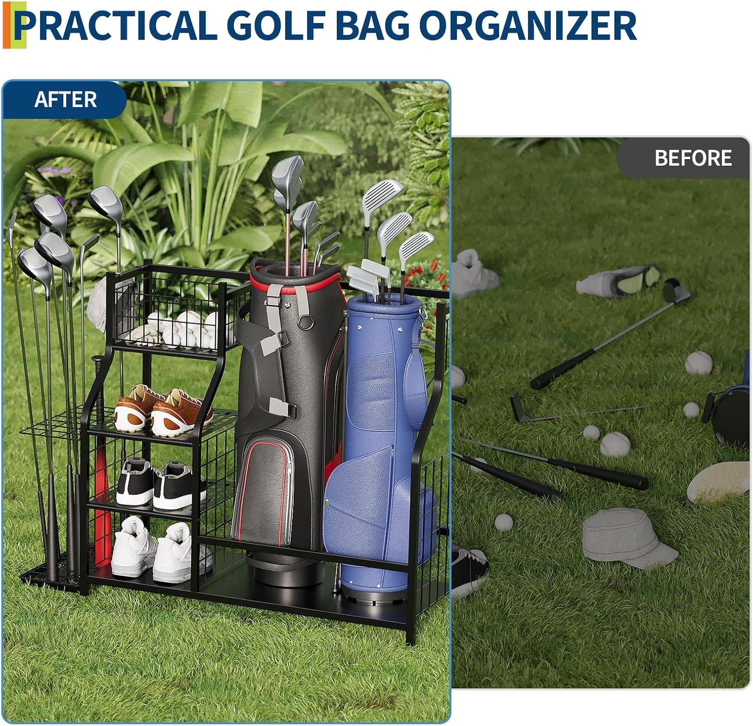 GarveeLife Golf Bag Organizer, Sports Equipment Organizer, Sports Organizer for Garage, Golf Bag Stand for Garage with Baskets, Hooks