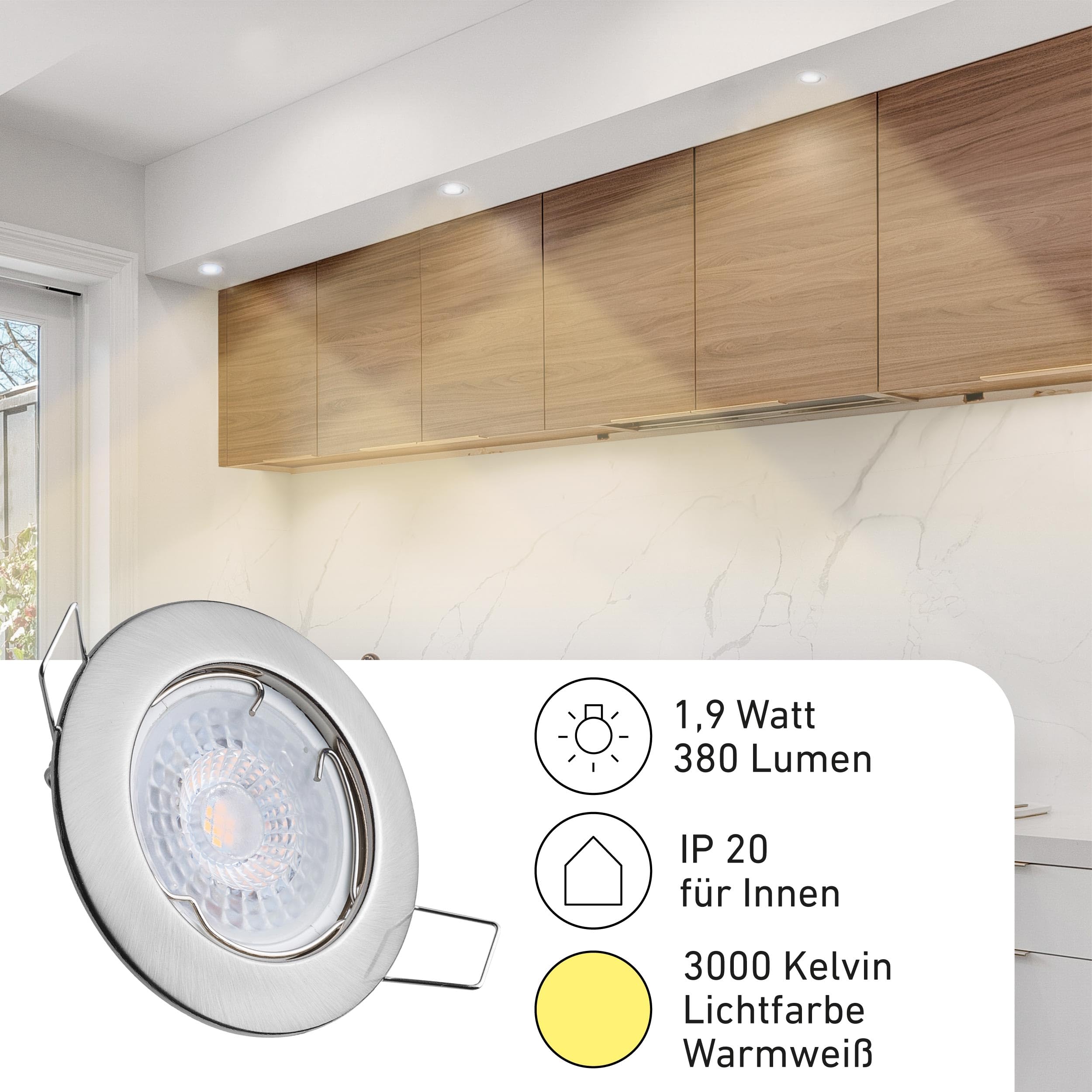 Oktaplex 9er Set Sedan LED Einbaustrahler 230V LED Modul 3000K Warmweiß | 22mm Einbautiefe, Lochmaß 60mm, 1,9W, 345lm, Edelstahl gebürstet, Einbauspots flach