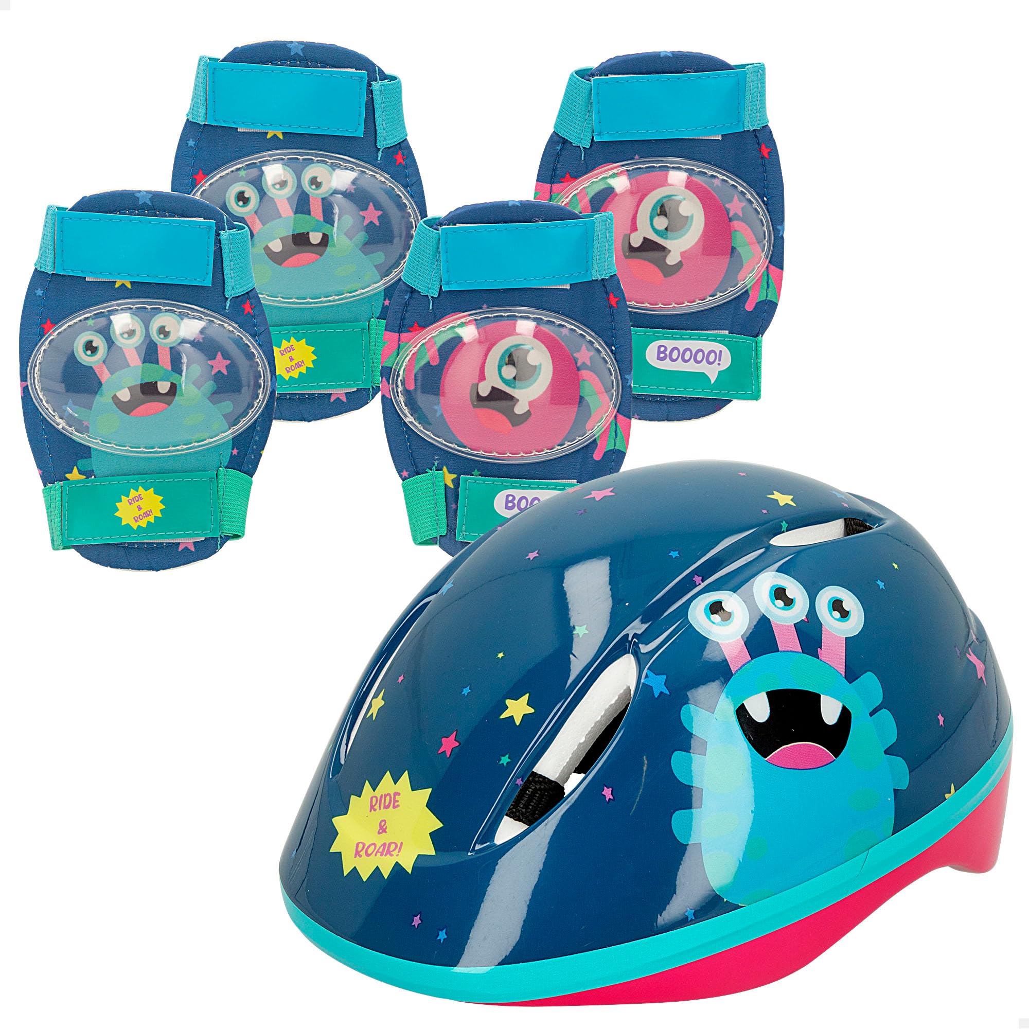 Colorbaby CB Riders - Set Casco y Protecciones para niños, Ride & Roar, Diseño Monstruos, Contiene 5 Piezas, Rodilleras, Coderas, Protección Patinete niño, +​3 años, 47554