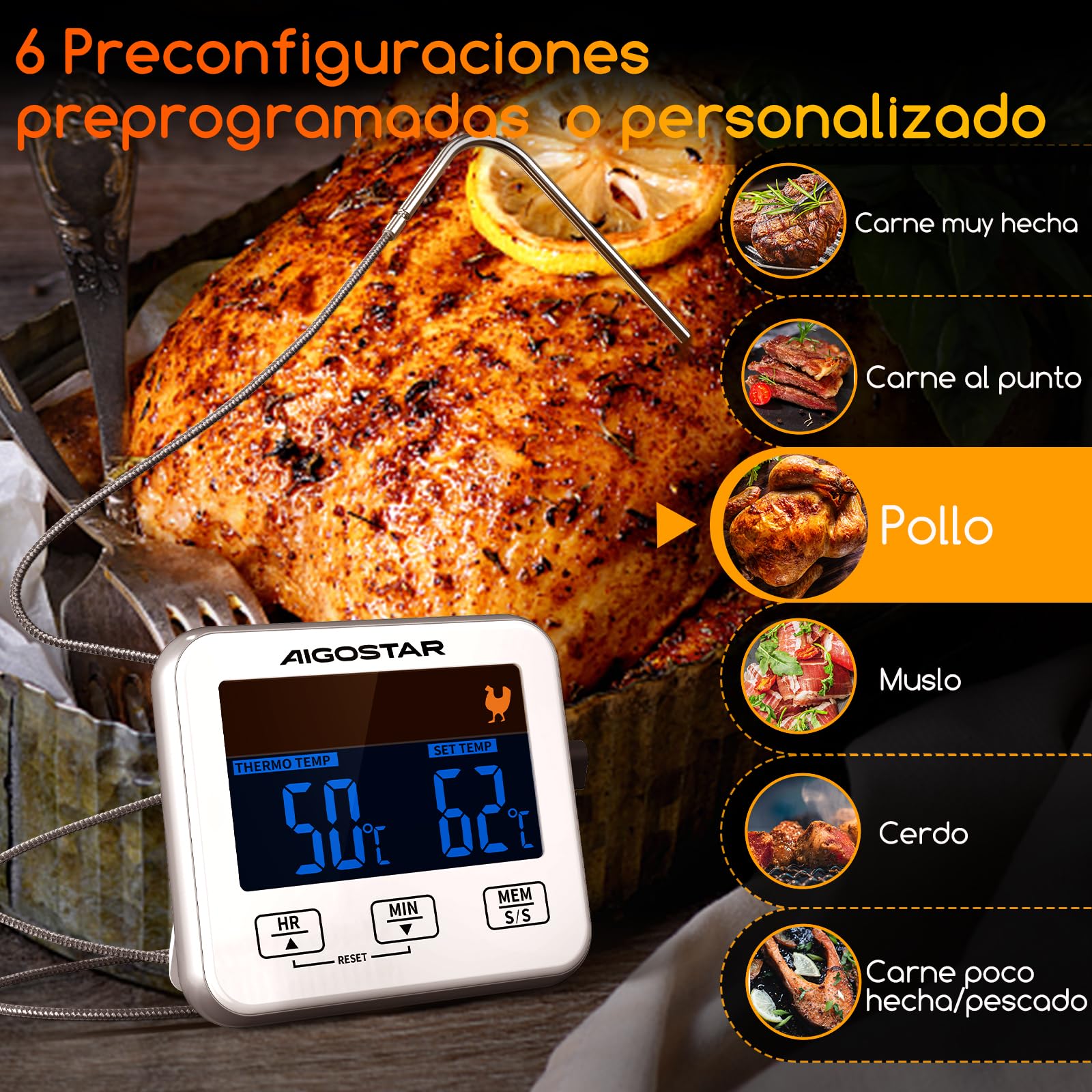 Aigostar Elliott - Termometro Cocina/Temporizador Cocina, Termómetro Digital de Cocina con Sonda y Temperatura Programable; Pantalla LCD, Objetivo con Alarma, Imanes de Fijación Para Horno.