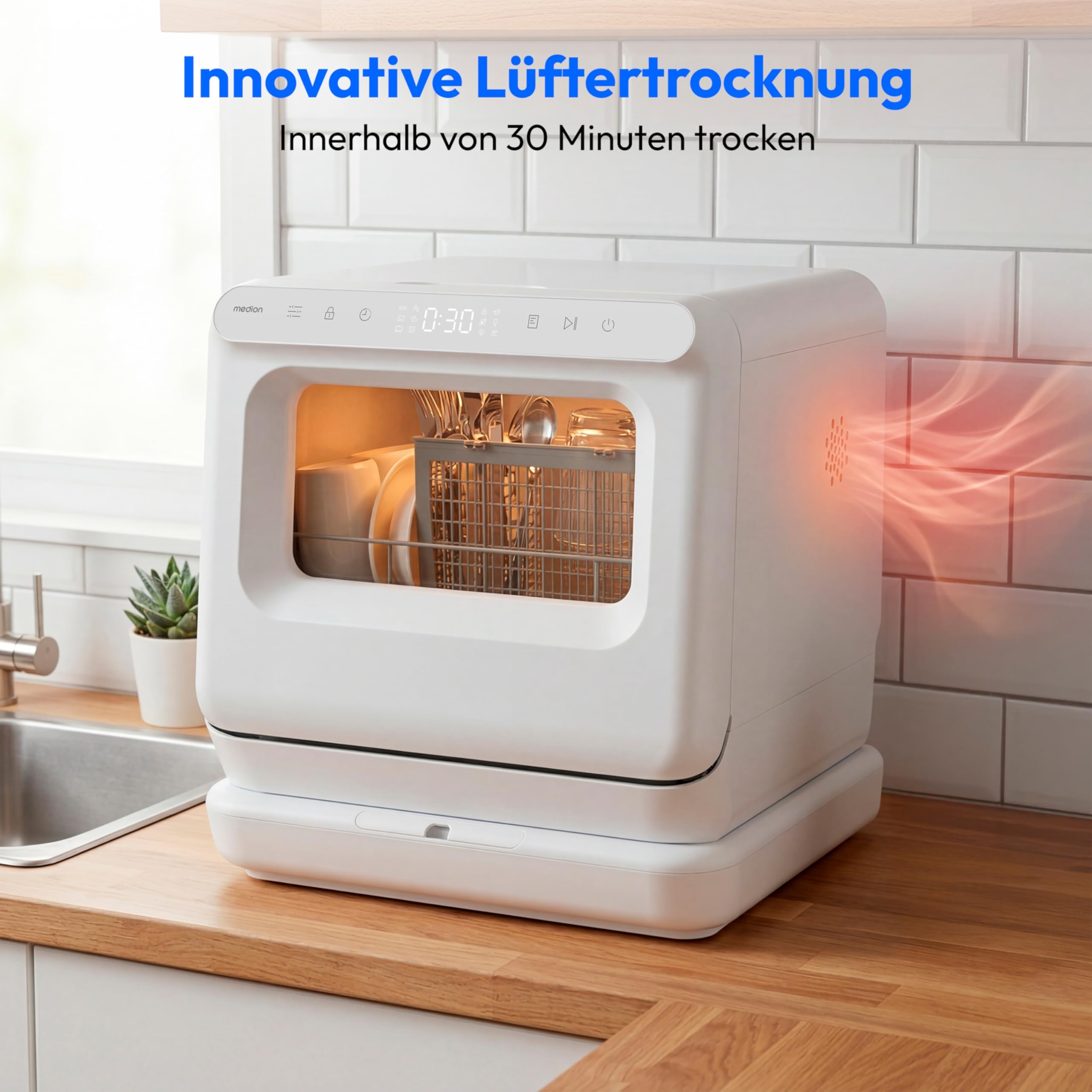 MEDION Mini Geschirrspüler DWT30 3 Maßgedecke 3in1 Tischgeschirrspüler 6 Programme UV-Licht freistehend