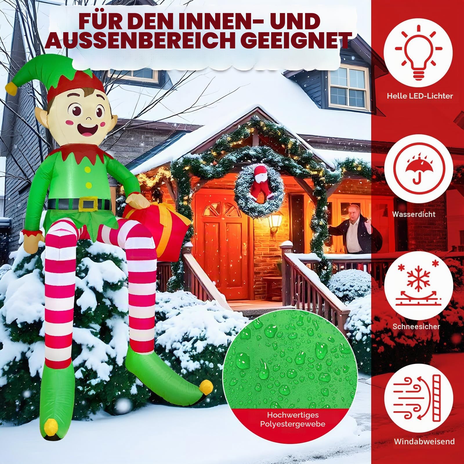 240 cm Aufblasbare Weihnachtsdeko Aussen, Sitzender Elf Aufblasbare Weihnachtsdeko Außen mit Geschenkbox & LED Beleuchtung, Weihnachten Deko Draußen Outdoor für Garten, Balkon, Draußen