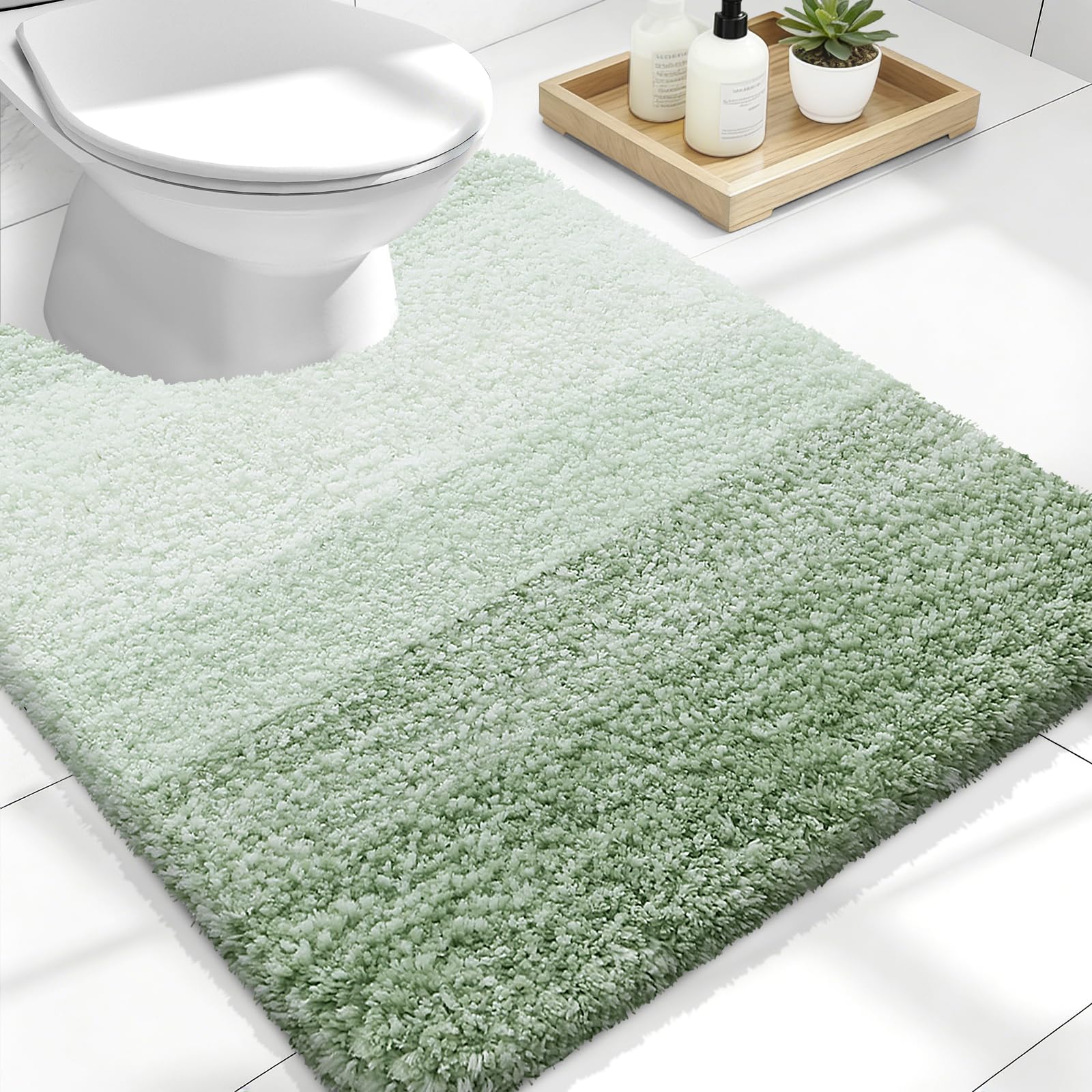 OLANLY Luxury Toilet Rugs U-Shaped 24x20, Soft Absorbent Microfiber Mat | Sage Green, Non-Slip Quick-Drying Rubber Backing, Washable Plush Contour Bath Mat for Toilet Base, Home Decor Accessories