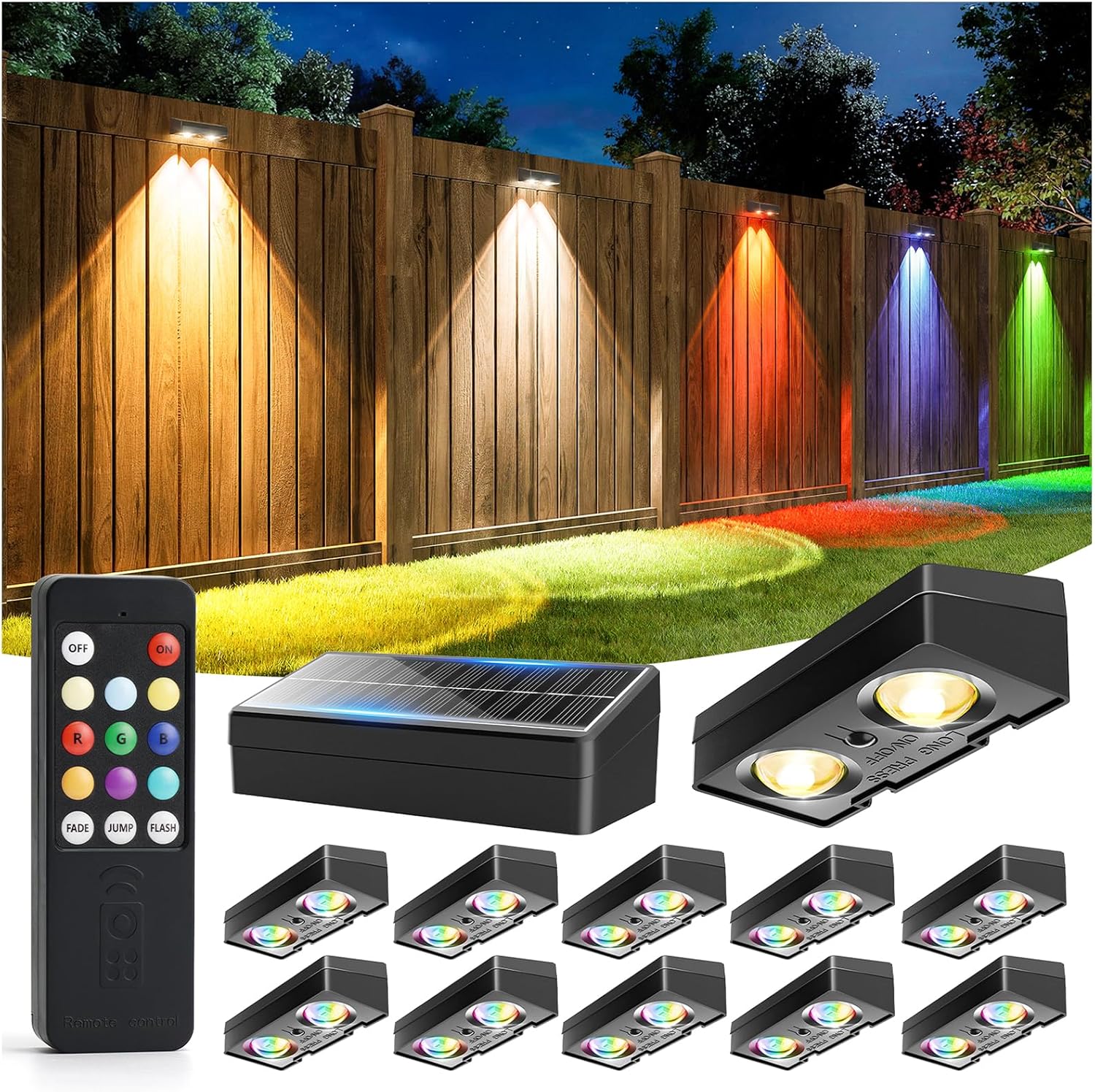 JOFIOS Fence Lights Solar Powered with Remote 12 Pack, Warm White, Cool White and RGB Color Glow LED Solar Lights Outdoor, Dusk to Dawn Solar Fence Lights for Patio, Backyard, Railing, Deck, and Wall