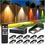 JOFIOS Lumières de clôture à distance, 9 Couleurs fixes 12 Modes, lumières de clôture solaire extérieures étanches, blanc chaud/cool, RGB LED Lumières de pont pour marche/course/rail/balcon/patio/extérieur, paquet de 8