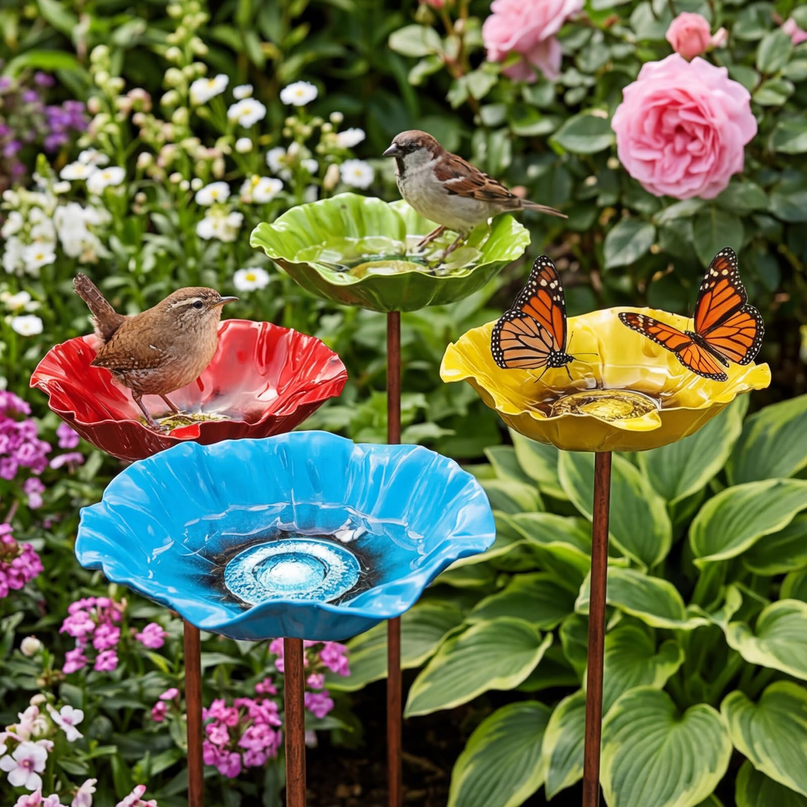 Metal Bird Bath Flower On Stake for Garden, Garden Stake Birdbath, Colourful Flower Shaped Bee Watering Station Outdoor Carbon Steel Bird Feeders Set of 4(Multicolor)