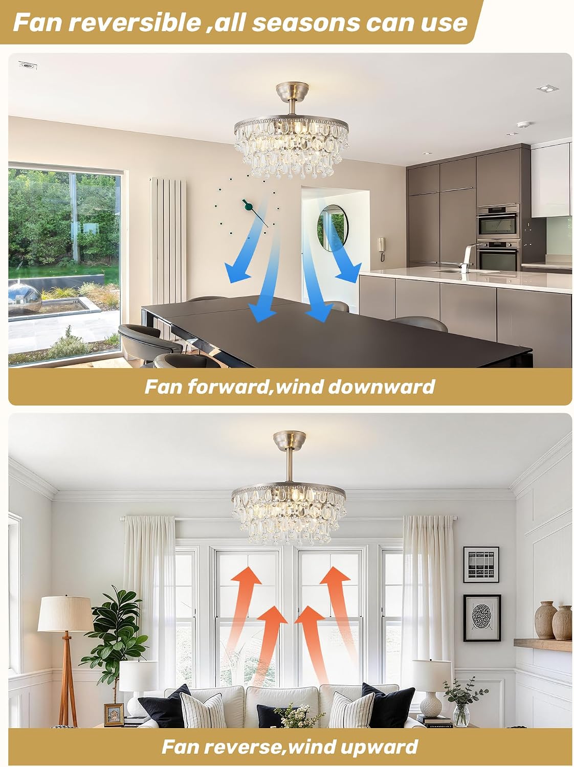 Silver Crystal Fandelier Ceiling Fan with Light, 20" Crystal Chandelier Ceiling Fans with Lights and Remote with 6 Speeds Caged for Bedroom, Living Room, Nursery