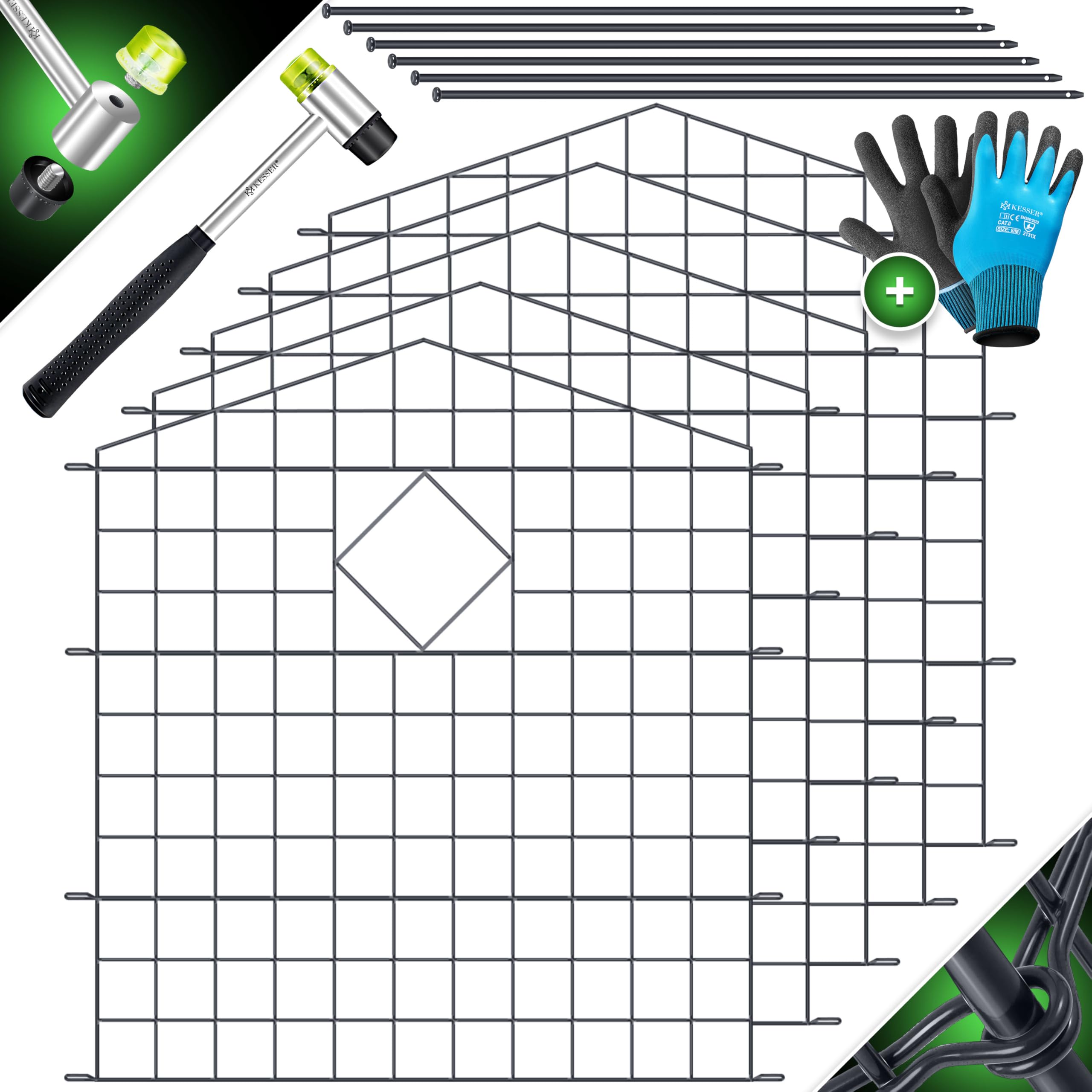 KESSER® Teichzaun Gartenzaun Steckzaun Komplettset Metall 5x Oberbogen Spitz Inkl. Handschuhe, 1x Hammer + 6 Befestigungsstäben, Zaun zum stecken für Garten, Gitterzaun Set Freigehege für Tiere