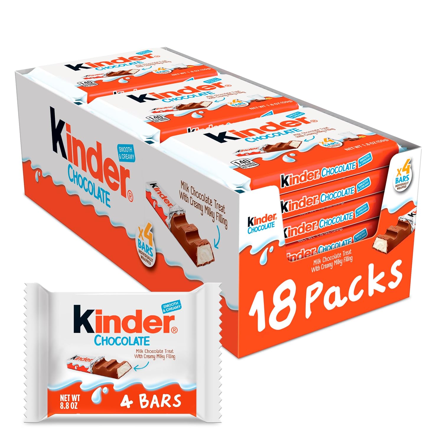 Best by /Apr/05/2025 Kinder Chocolate, 18 Four Count Packs, Milk Chocolate Bar with Creamy Milky Filling, Individually Wrapped Candy, Stocking Stuffers for Kids, 1.8 oz Each Full Size