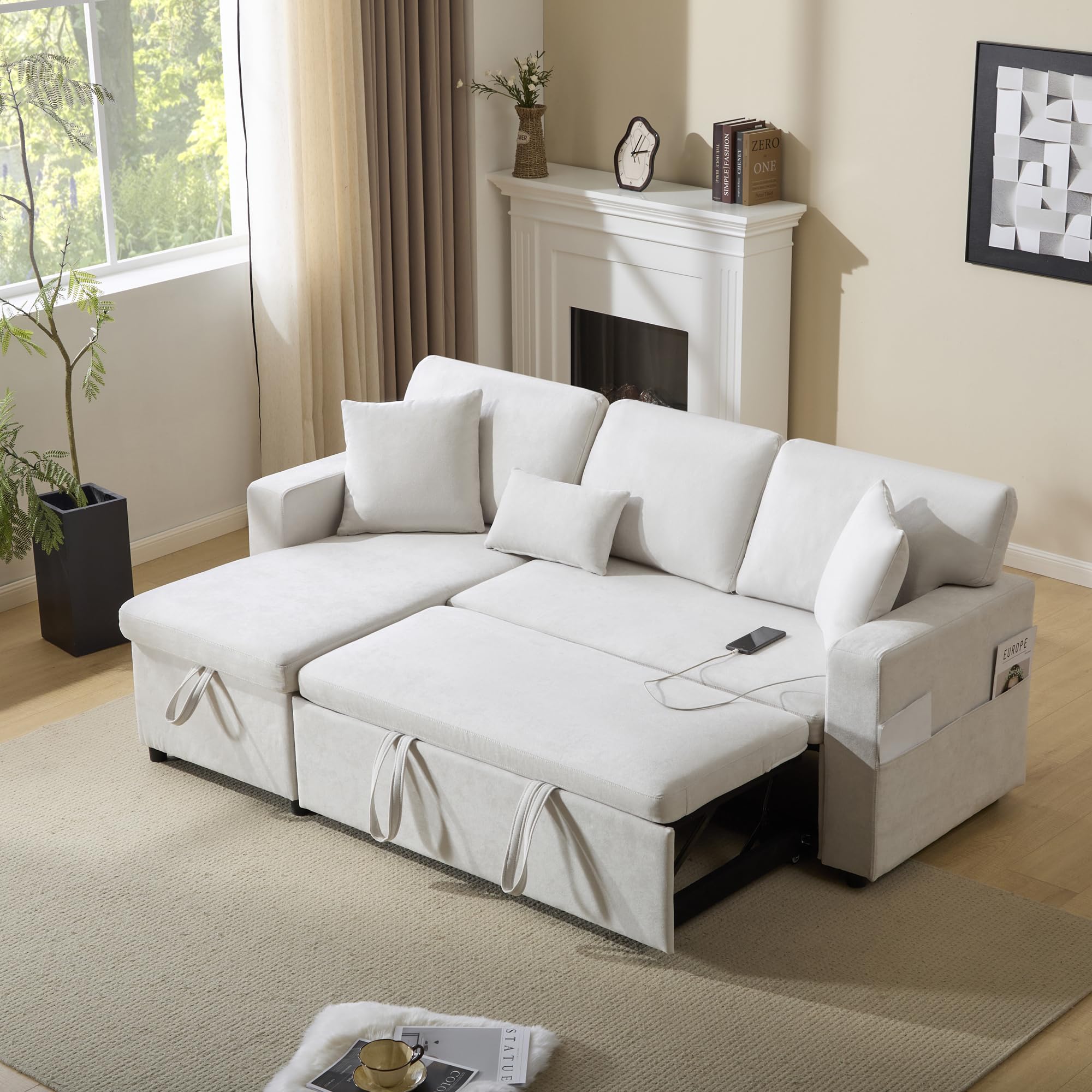 Divano angolare con funzione letto, divano letto a forma di L, allungabile con contenitore, pouf flessibile intercambiabile, divano a 3 posti con ottomana per soggiorno, beige (beige1, 3