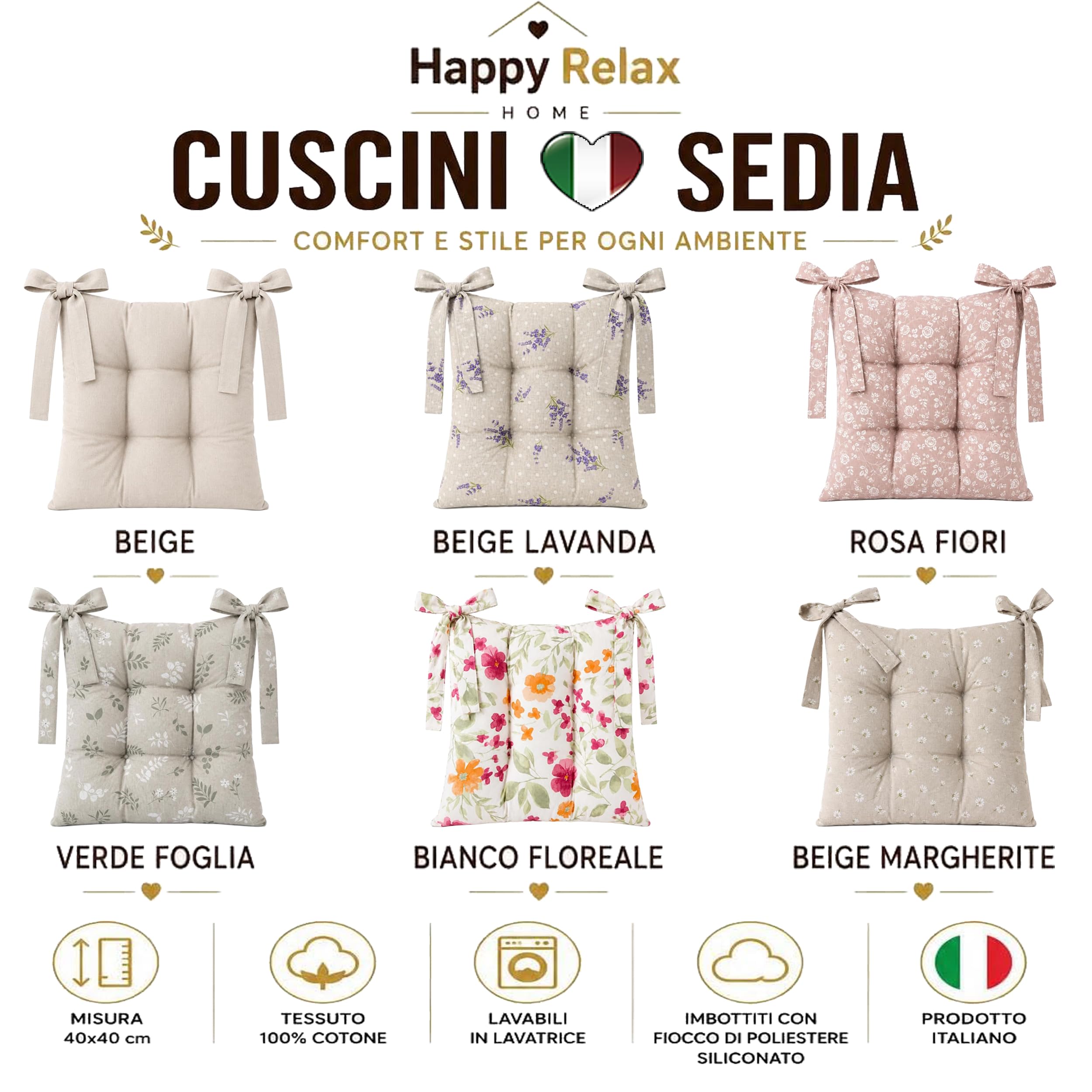 Cuscini Sedie Cucina Set da 4 o 6, Cuscini per Sedie, 40x40 cm, Coprisedia con Laccetti, 100% Cotone, Copri Sedia da Cucina Trapuntati al Centro, Made in Italy (6 Beige Lavanda)