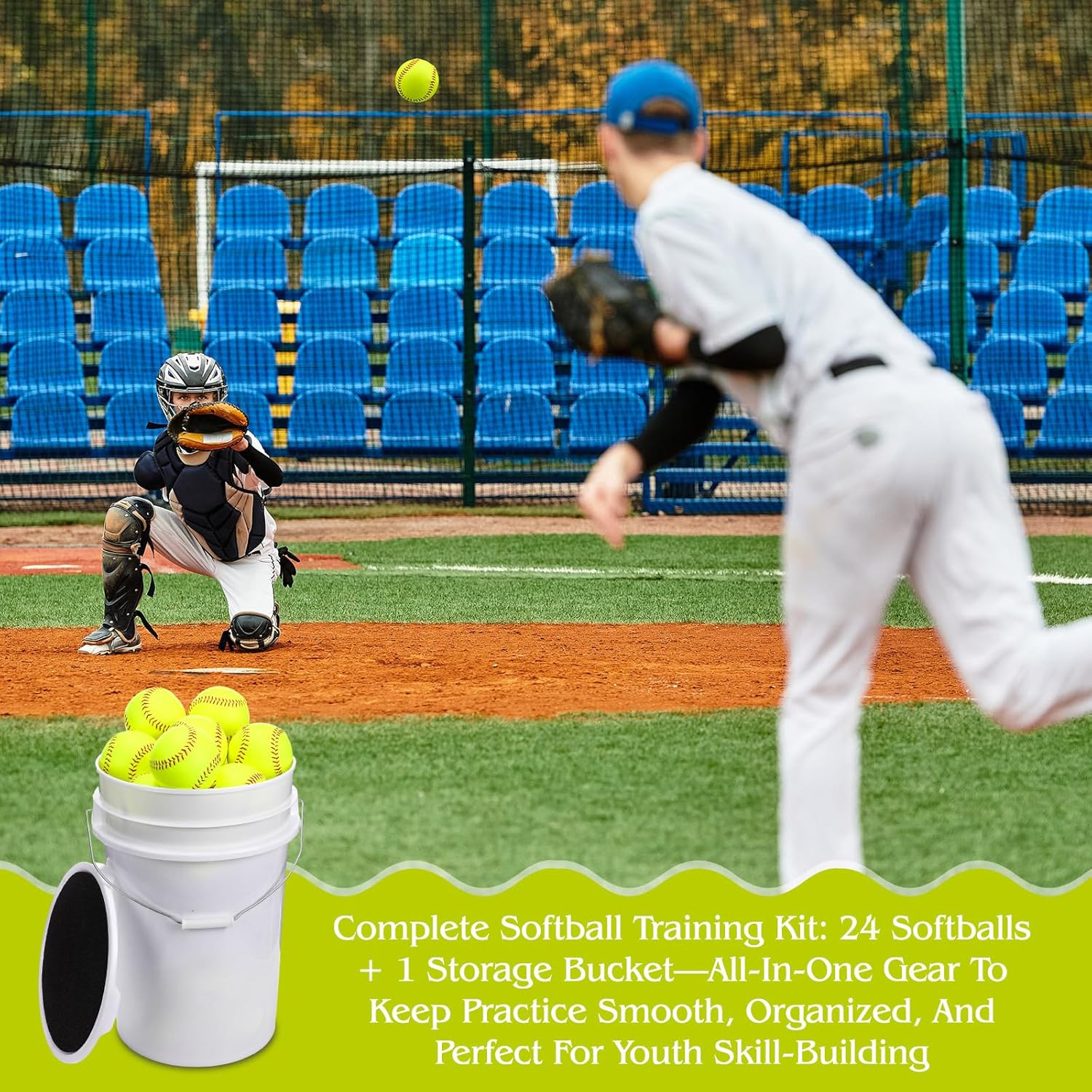 Lewtemi 24 Pack of Practice Softballs Bulk, 12" Slowpitch and Fastpitch Softballs with 6 Gallon Bucket, Yellow Leather Covered Weighted Sports Soft Balls for Practice, Games and Training
