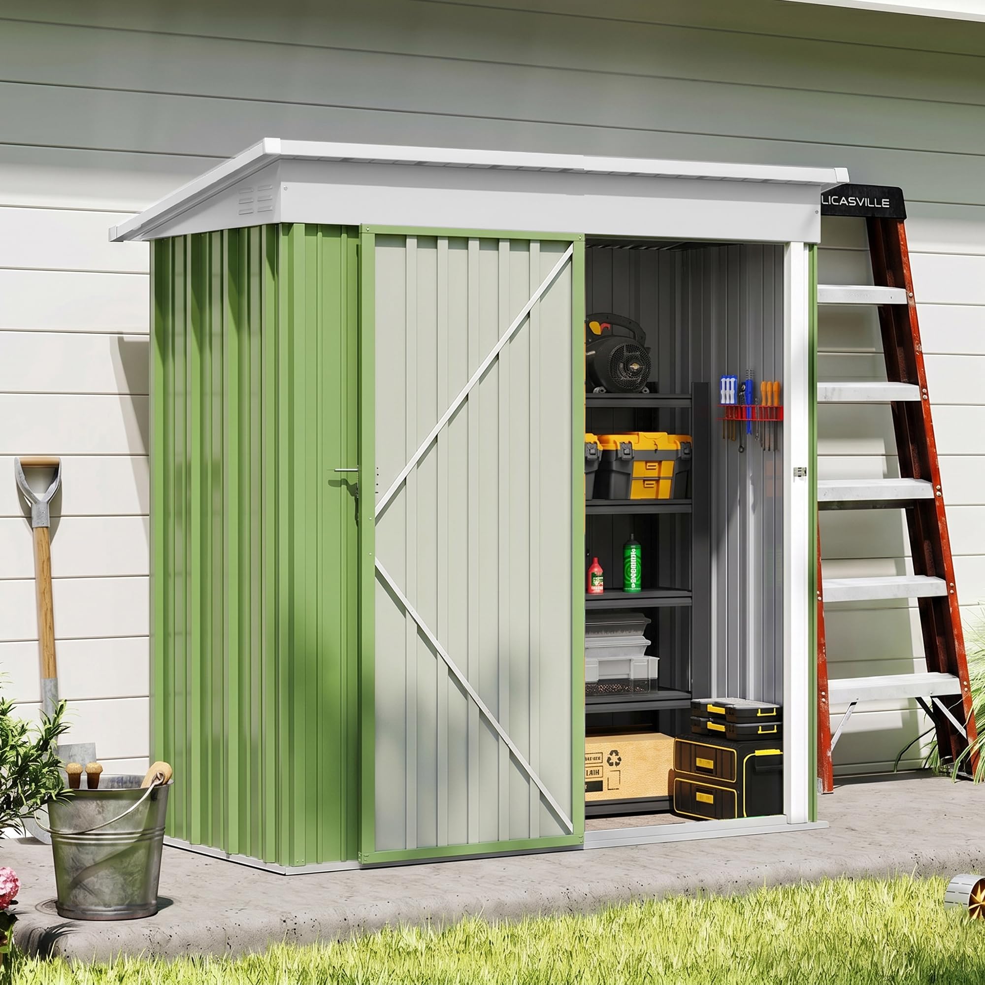 Amopatio Metal Garden Storage Shed 6x4 ft, Outdoor Tool Storage Shed 200x131x192 cm, BikeShed Waterproof with Lockable Door for Winter, Backyard, Patio, Garbage Bin, Tools, Black — view 13