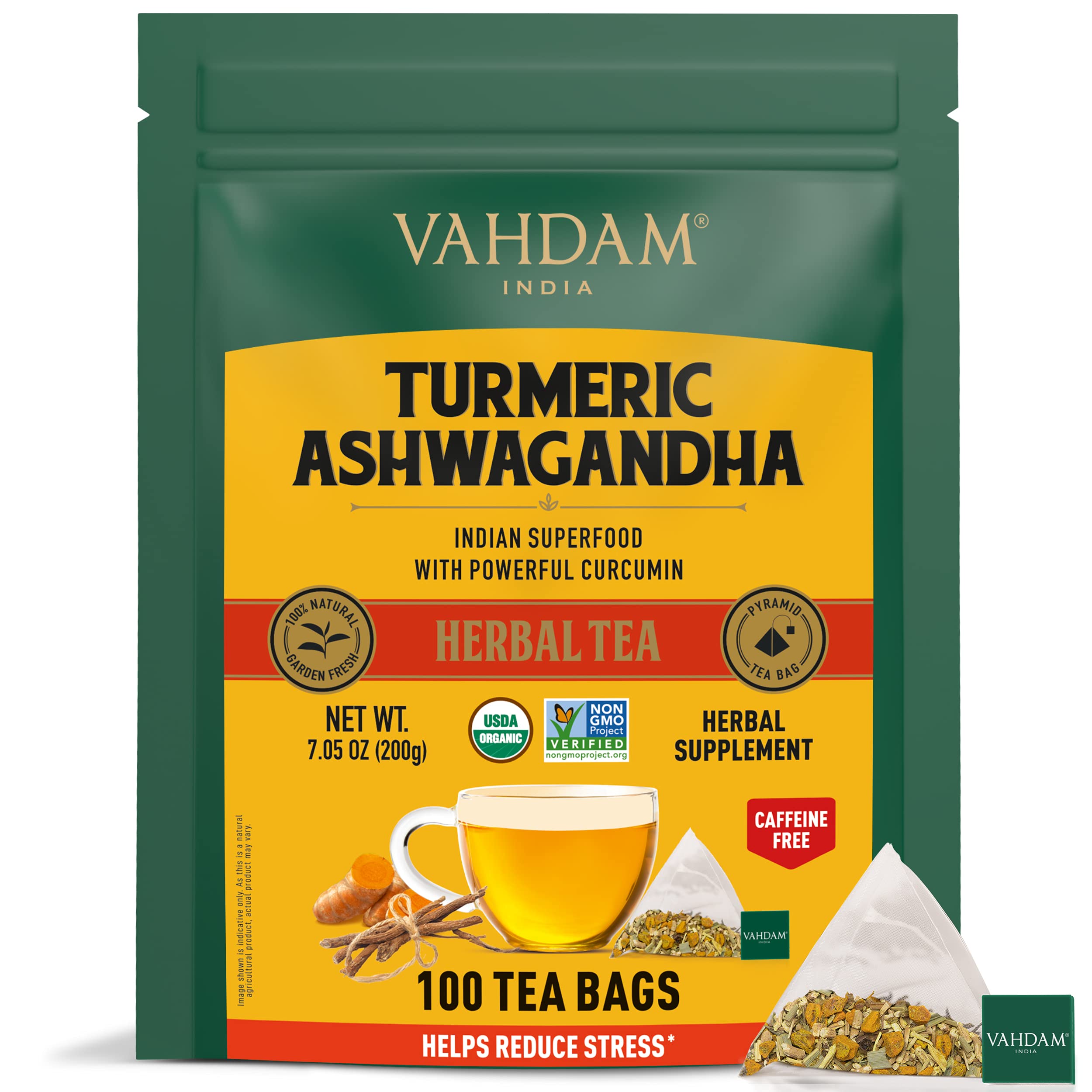 VAHDAM, ORGANIC Turmeric + Ashwagandha SUPERFOOD Herbal Tea (100 Tea