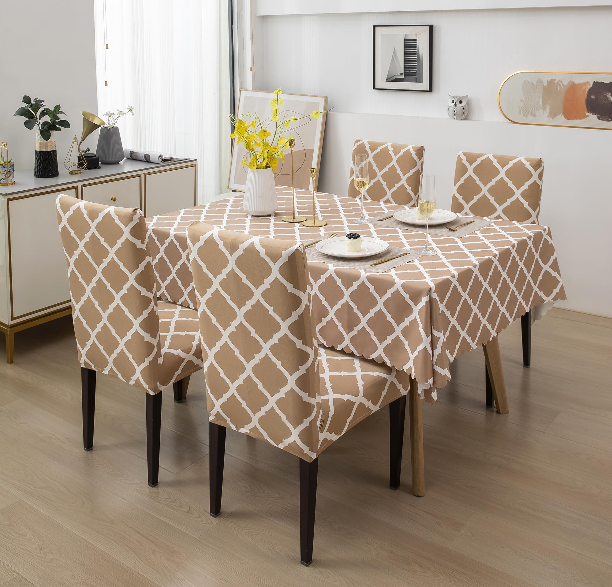 House of Quirk Polyester Dining Chair Cover with Table Covers for Kitchen Waterproof Dining Table Cloth (Beige Diamond, 1 Table Cover + 4 Chair Cover, Rectangular)