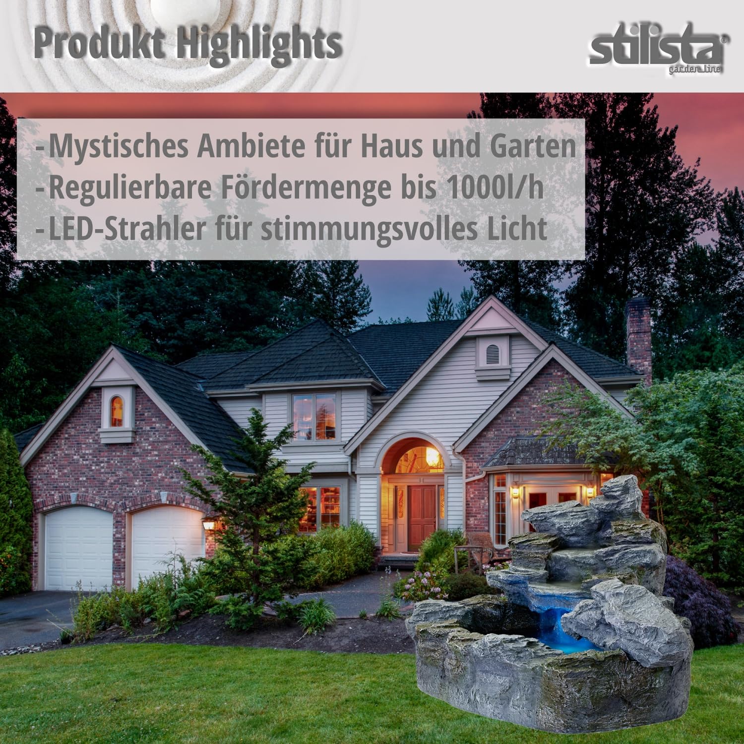 STILISTA Gartenbrunnen Olymp in Steinoptik XXL 100 x 80 x 60 cm inkl. Pumpe und LED-Beleuchtung