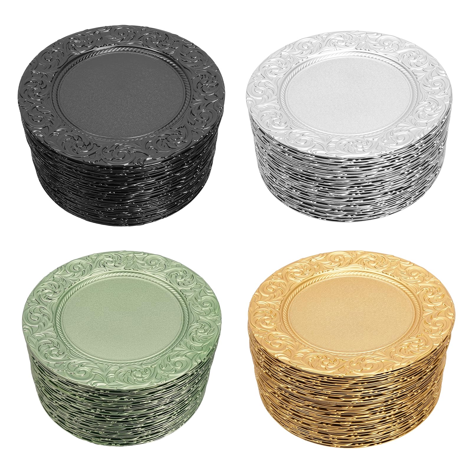 BANEBONE 100 Pcs Round Charger Plates Set - Reusable Serving Plates for Weddings, Parties & Banquets - PP Material, Embossed Rim, Stackable & Lightweight (12.99in Diameter) (Green)