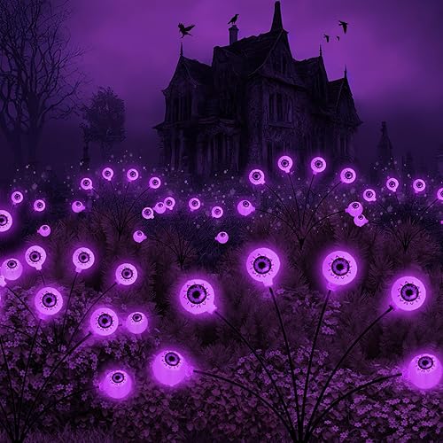 Decoraciones de Halloween para exteriores, luces solares de globo ocular aterrador, 2 paquetes de 12 luces LED moradas, luces solares impermeables disponible en Yaxa Peru