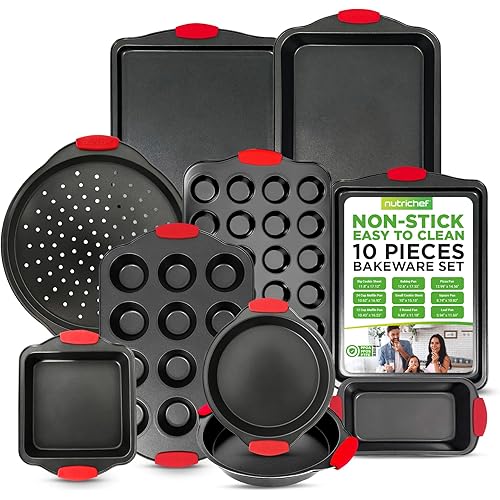 NutriChef 10-Piece Nonstick Kitchen Oven Baking Pans - Premium & Stylish Non-Stick Carbon Steel - Commercial Grade Restaurant Quality Metal Bakeware with Silicone Handles - Easy to Clean, NCSBS10S