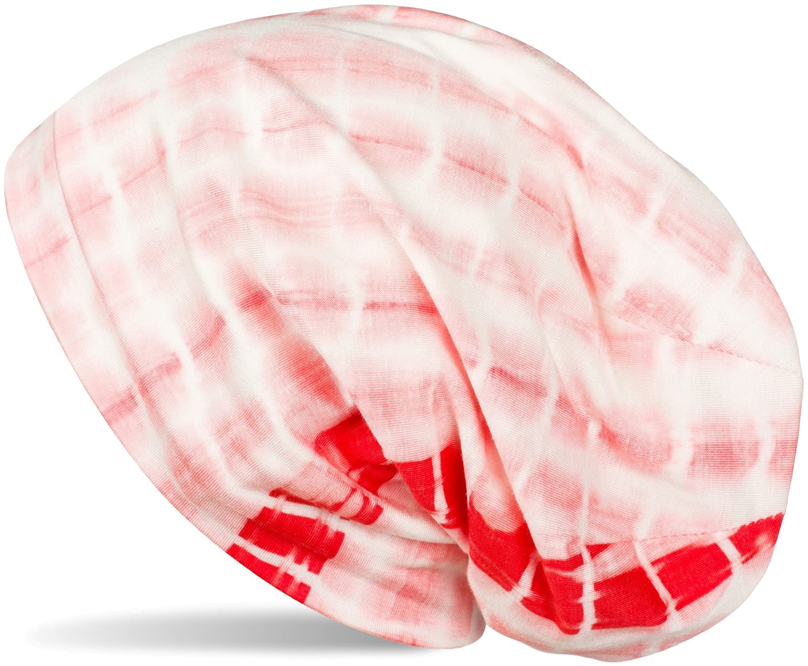 Stylebreaker Women's Coral-White Unisex Fabric Beanie Hat With Batik Stripe Pattern Print, Lightweight Long Beanie With Gradient 04024187, Colour:
