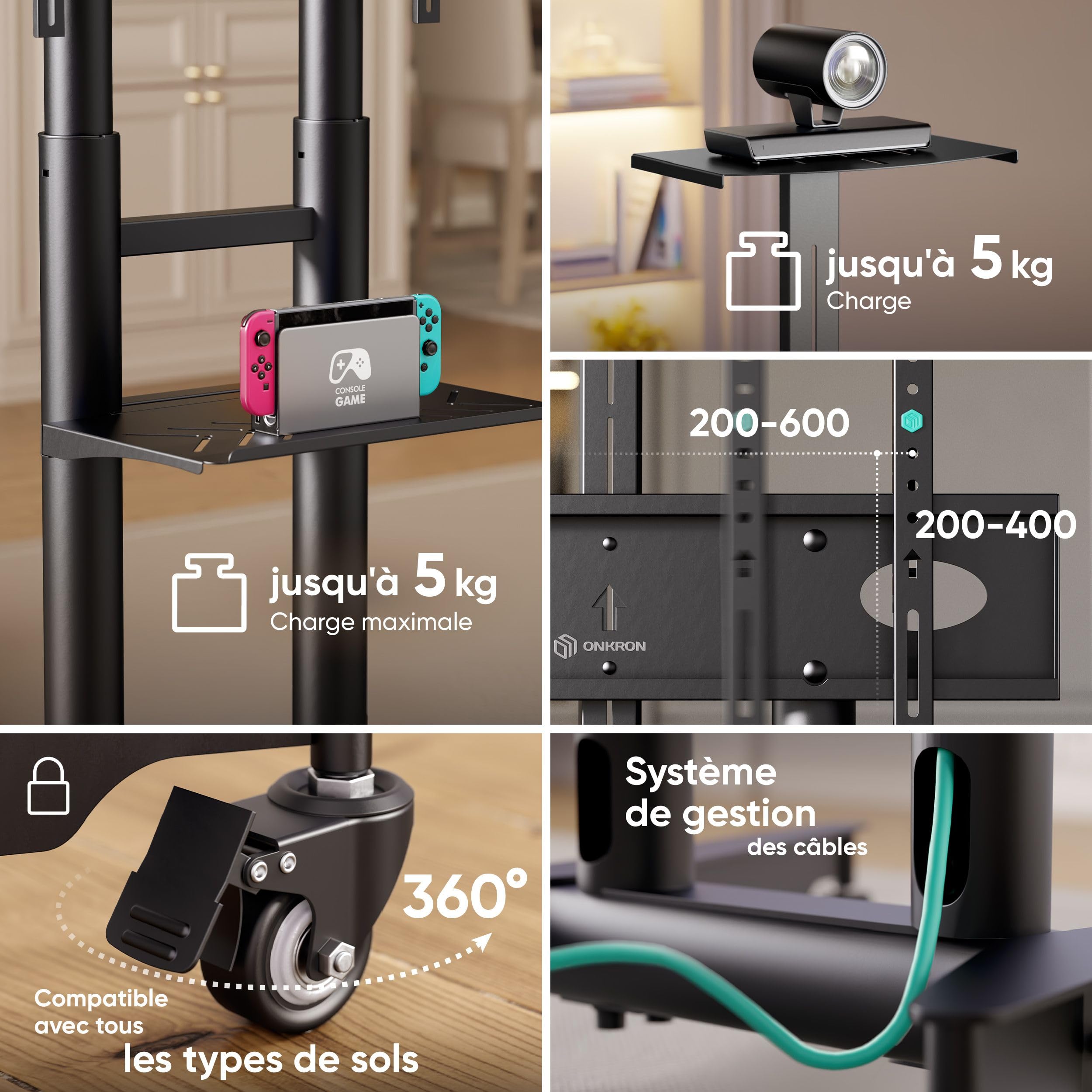 ONKRON Support TV Mobile pour 32-75 Pouces, Chariot Tele Roulant Charge Max de 60 kg, Support TV sur Pied avec roulettes VESA 200x200-600x400, Meuble TV sur Pied Hauteur Réglable Noir TS1571-B