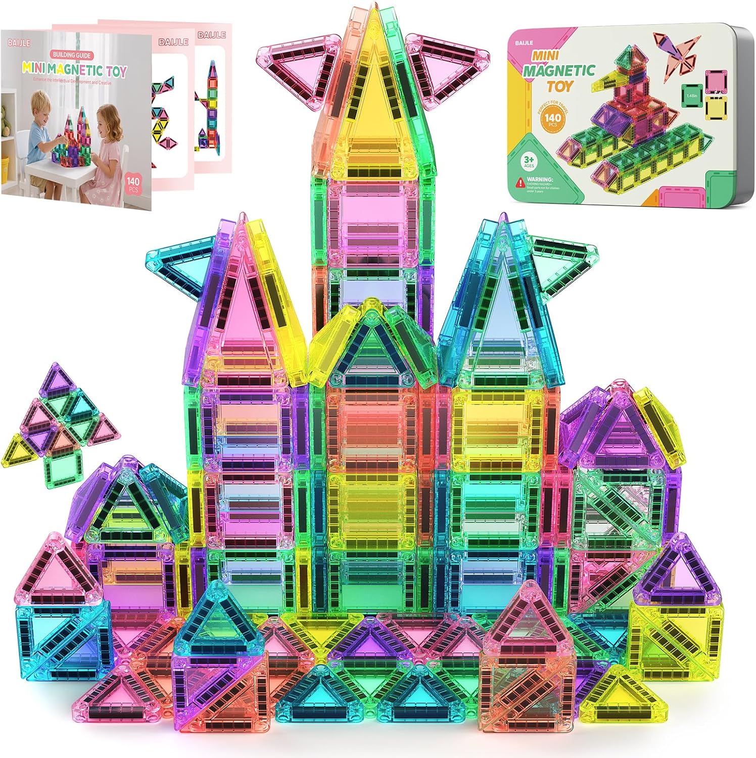 BAIJLE 140PCS Mini Magnetic Tiles Portable Travel Set with Iron Case - Creativity STEM Building Toys for Kids Ages 3-8