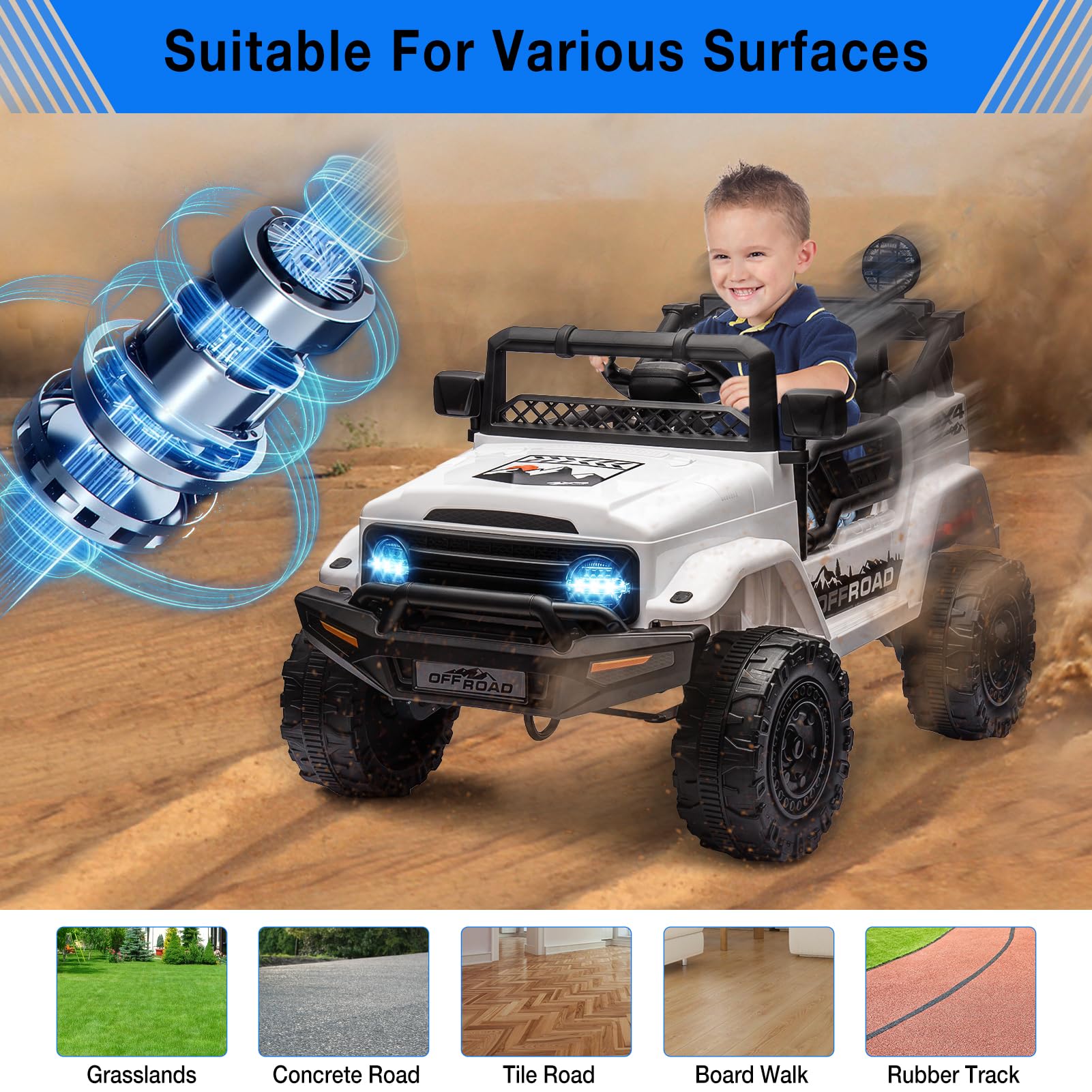 Voiture Électrique Enfant 2 Places 12V 4x4 avec Télécommande Parentale Bluetooth LED Tout Terrain 3-8 Ans Blanc
