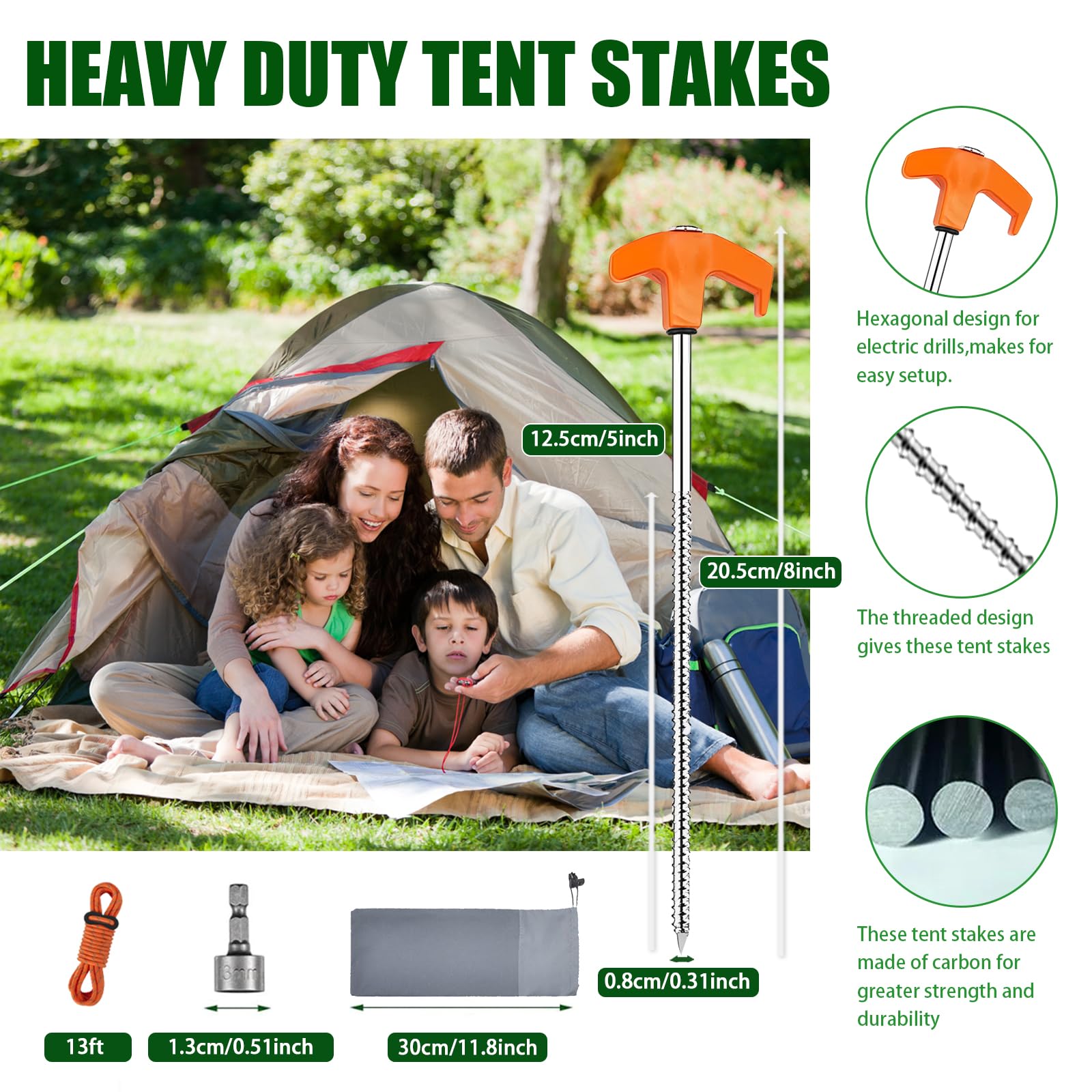 8” Screw in Tent Stakes,Drillable Tent Stakes Heavy Duty,Camping Tent Stake Screw with 13ft Rope, 13mm Hex Head Driver,Storage Bag for Outdoor,Camping,Dog Anchors (8, Orange)