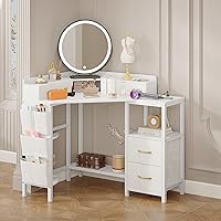 Vista 6 de Escritorio esquinero con 6 cajones y estantes para computadora de espacio pequeño con tomas de corriente, escritorio de juegos con soporte de Blanco