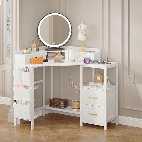 Miniatura 6 de Escritorio esquinero con 6 cajones y estantes para computadora de espacio pequeño con tomas de corriente, escritorio de juegos con soporte de Blanco