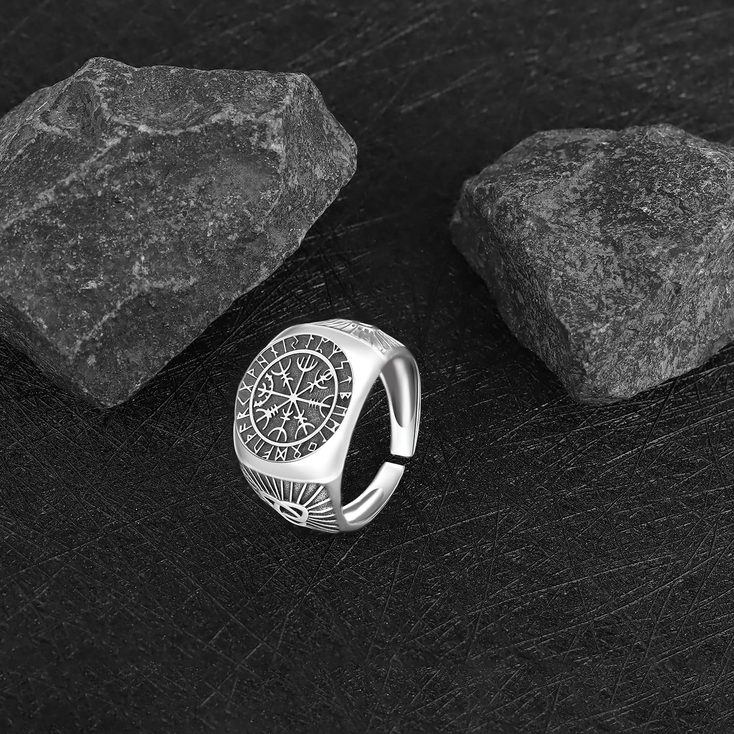 Anillo para Hombre Plata de ley 925 Anillo Runas Vikinga Brújula Vegvisir Anillo Nórdico Joyería de Protección para Hombre Mujer
