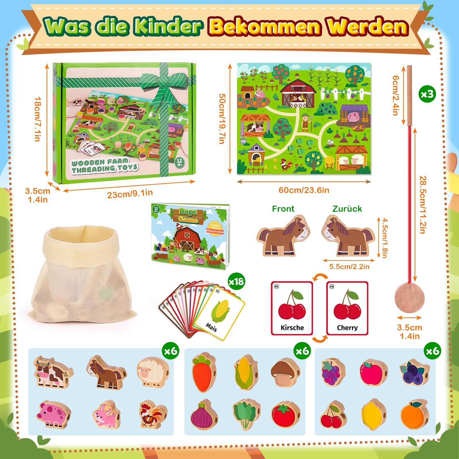 Juguetes Montessori Niños 1 2 3 Años: Regalo Niña Niño 2 3 Años cuentas de Madera Juguete Enhebrar Juegos Educativos Niños 1-3 Años Regalo de Cumpleaños Tema de la Granja con Animales Frutas Verduras