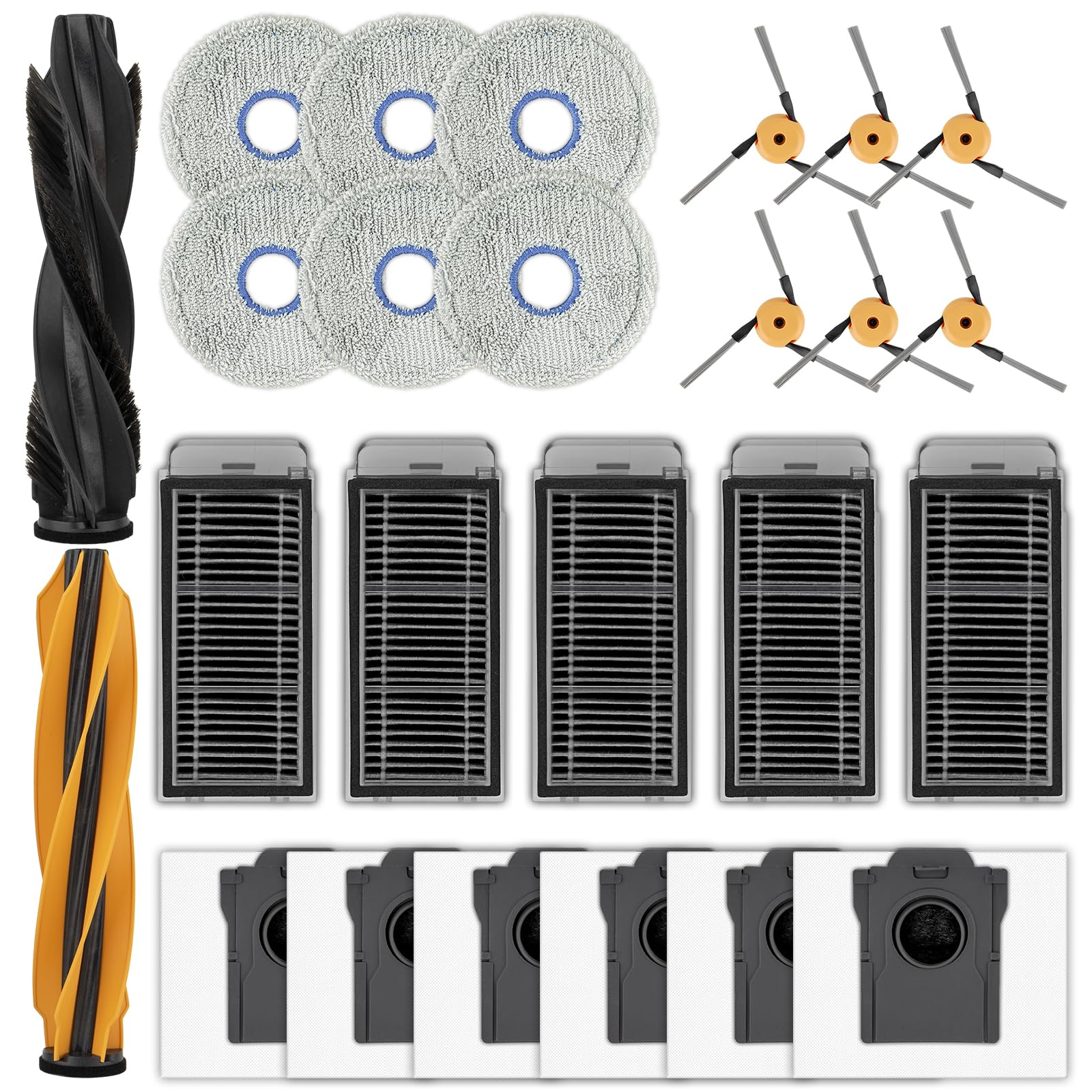 (25 pièces) Pièces de rechange pour aspirateur robot Dreame L60 Pro Ultra, 2 brosses rotatives, 6 lingettes de nettoyage, 5 filtres HEPA, 6 sacs à poussière, 6 brosses latérales, Kit d'accessoires