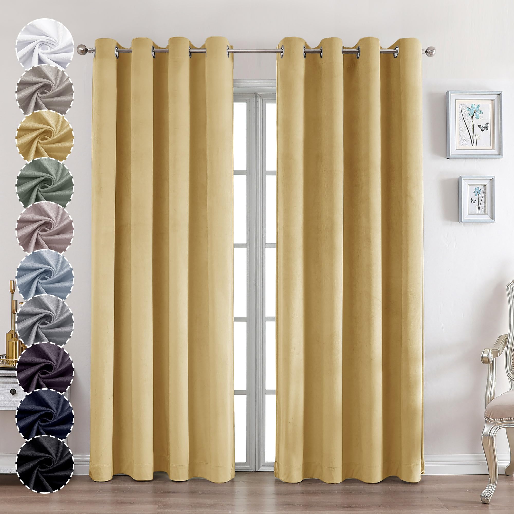 OWENIE Velvet Curtains 84 Inches Long 2 Panels Set, Gold Velvet Curtain 84 for Bedroom, Room Darkening Elegant Soft Curtains, Solid Grommet Luxury Living Room Curtains, 2 Pcs Each Panel 52W x 84L