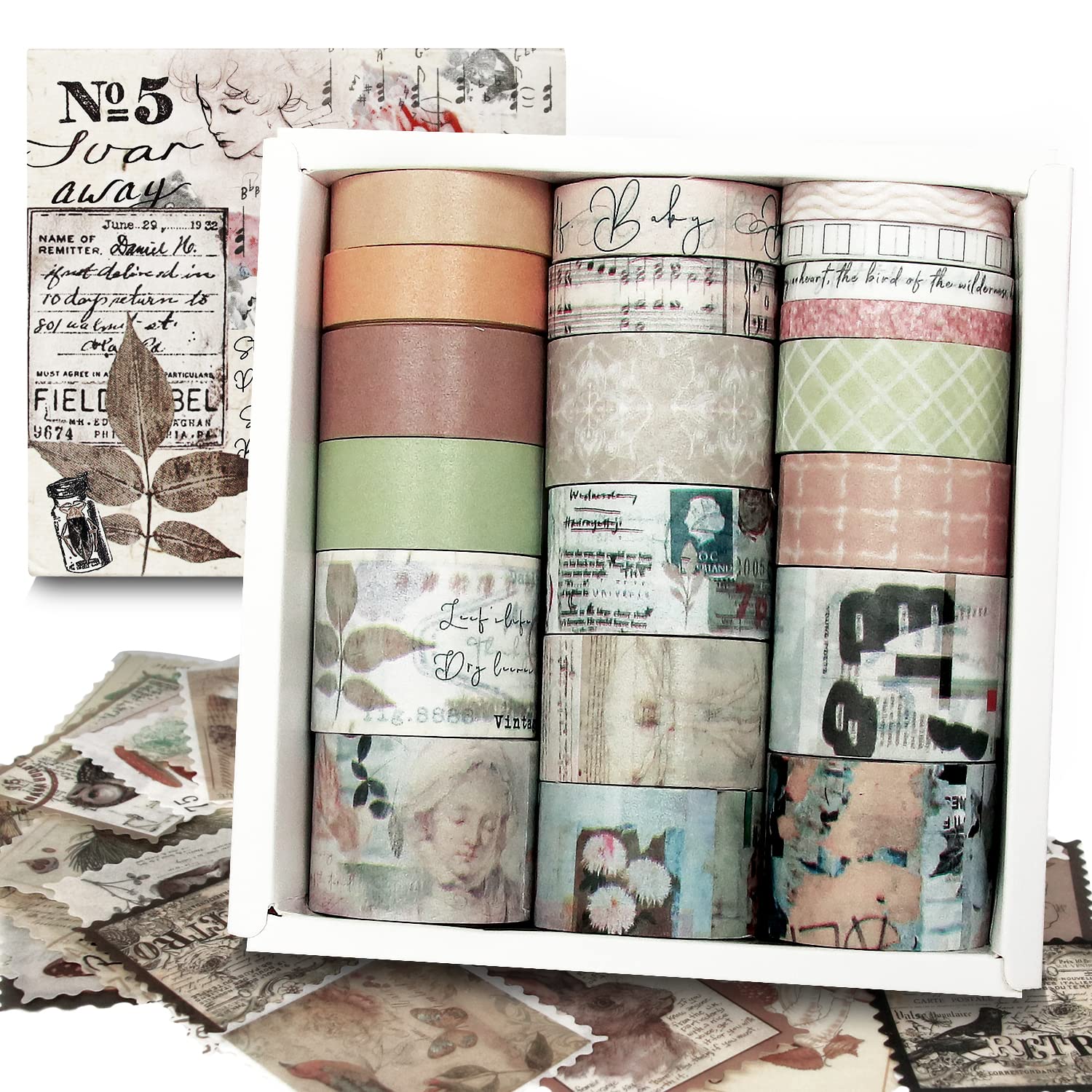 NIKOMIE 20 Rolls Vintage Washi Tape & 30 Pcs Animal Nature Plant Stamp Sticker Set, Aesthetic Masking Tape for Scrapbook Supplies,Junk Journal,Planner