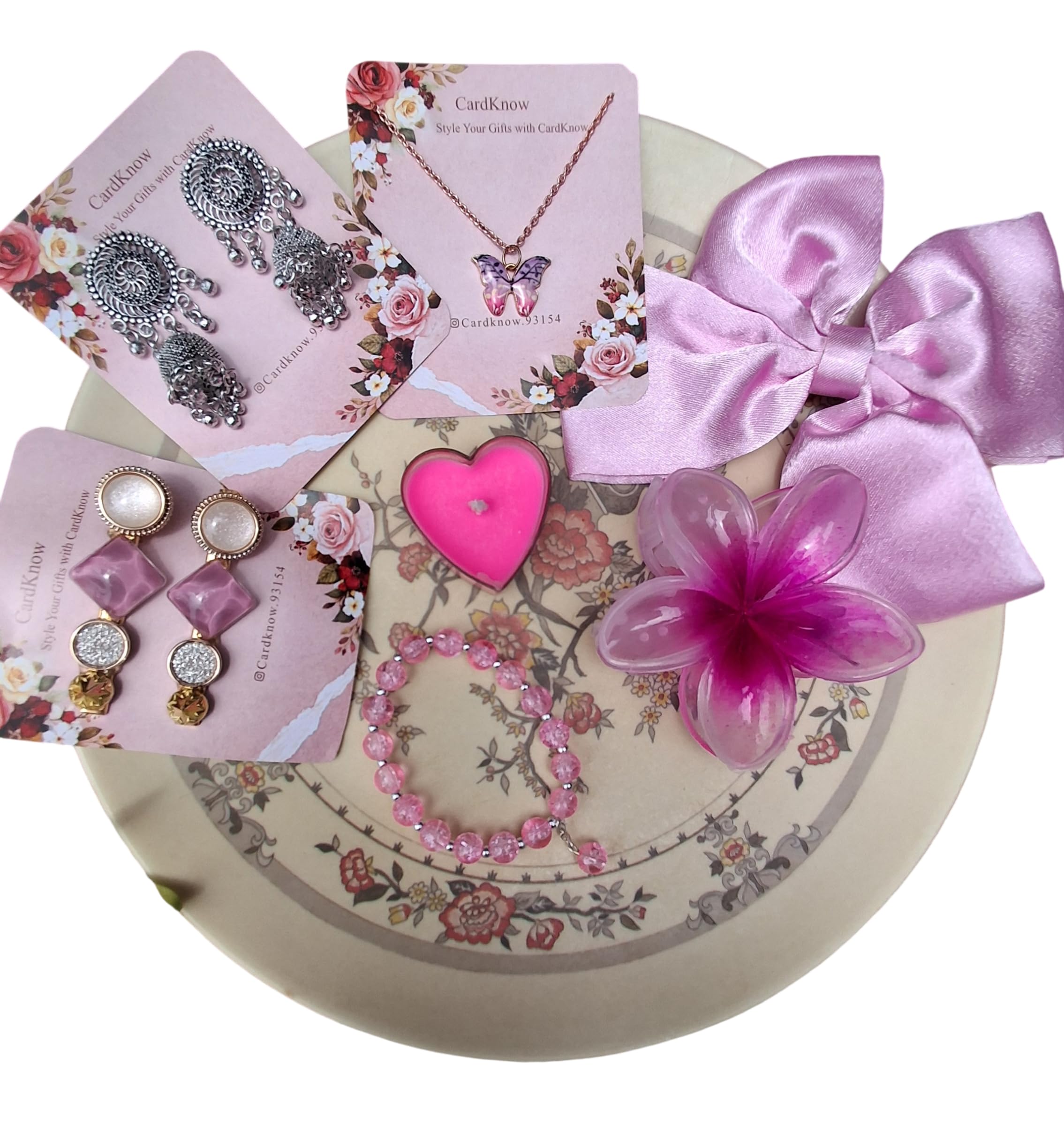 CardKnow Jewellery Gift Set with Earrings, Necklace & Bracelet | Heart Candle Included, Satin Bow Packaging, Butterfly Pendant, Jhumka Earrings, Pink Floral Theme-image-24